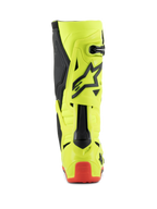 Alpinestars Tech 10 Stiefel, Motocross-Stiefel, Gelb Fluo Schwarz Rot Fluo, Rückansicht mit neongelbem Gehäuse, schwarzen Akzenten und rotem Fersenschutz, professionelles Schuhwerk für den Offroad-Rennsport