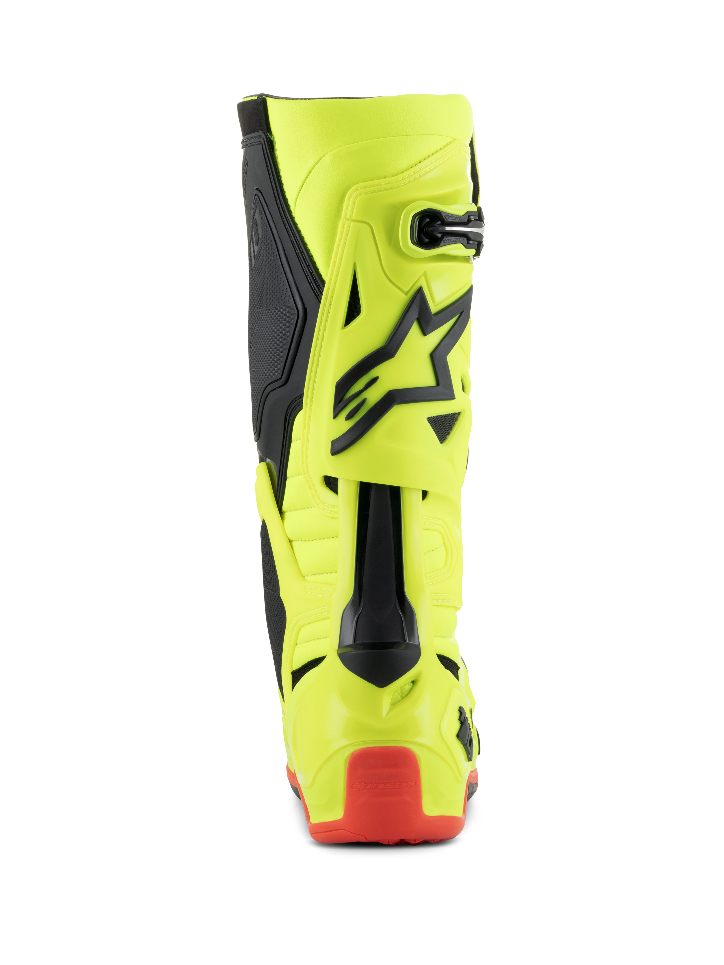Alpinestars Tech 10 Stiefel, Motocross-Stiefel, Gelb Fluo Schwarz Rot Fluo, Rückansicht mit neongelbem Gehäuse, schwarzen Akzenten und rotem Fersenschutz, professionelles Schuhwerk für den Offroad-Rennsport