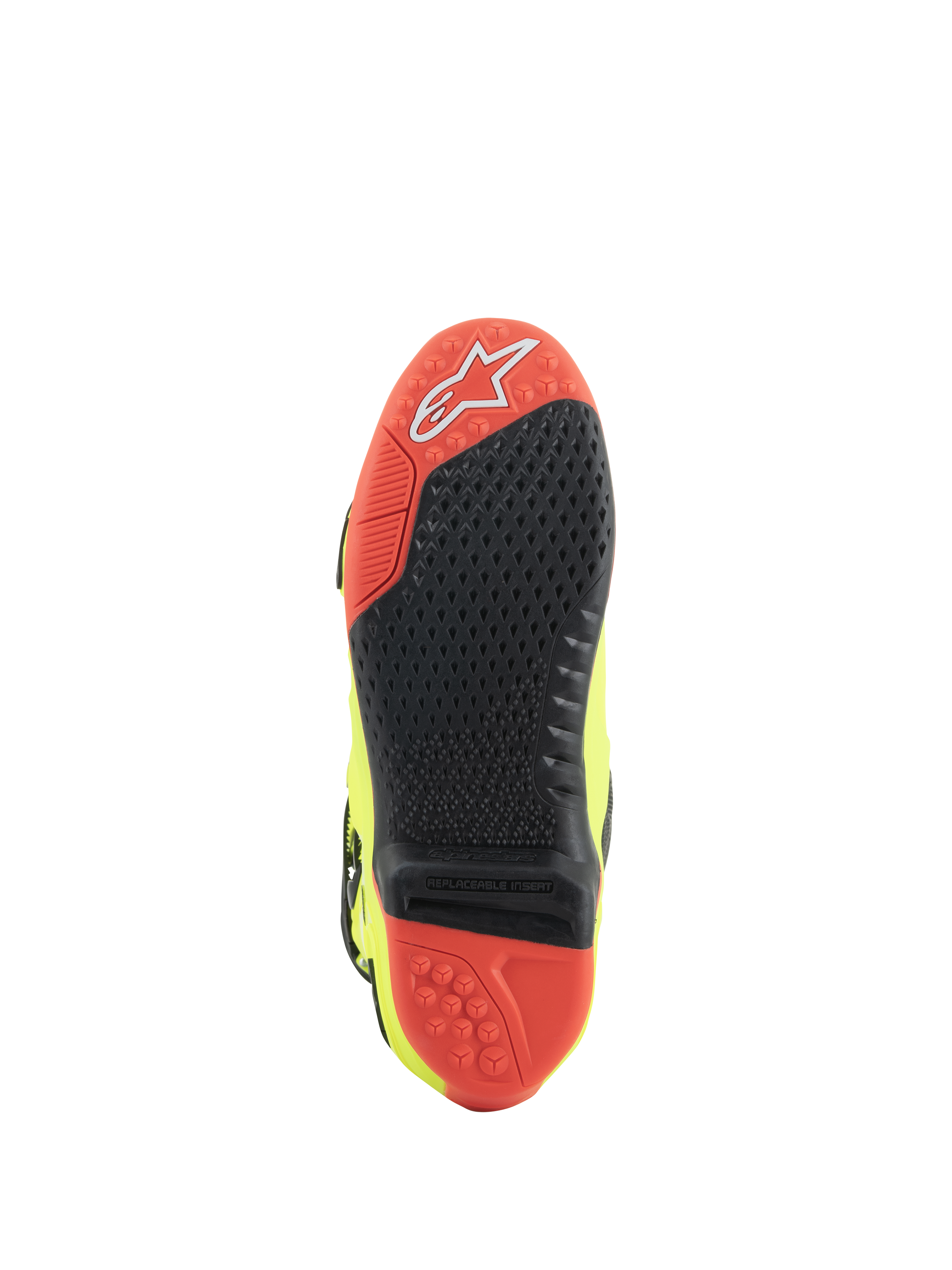 Alpinestars Tech 10 Stiefel, Motocross-Stiefel, Gelb Fluo Schwarz Rot Fluo, Sohlenansicht mit rot-schwarzem Dual-Compound-Material, austauschbarer zentraler Grip-Einsatz und Traktionsstollen für Offroad-Performance.