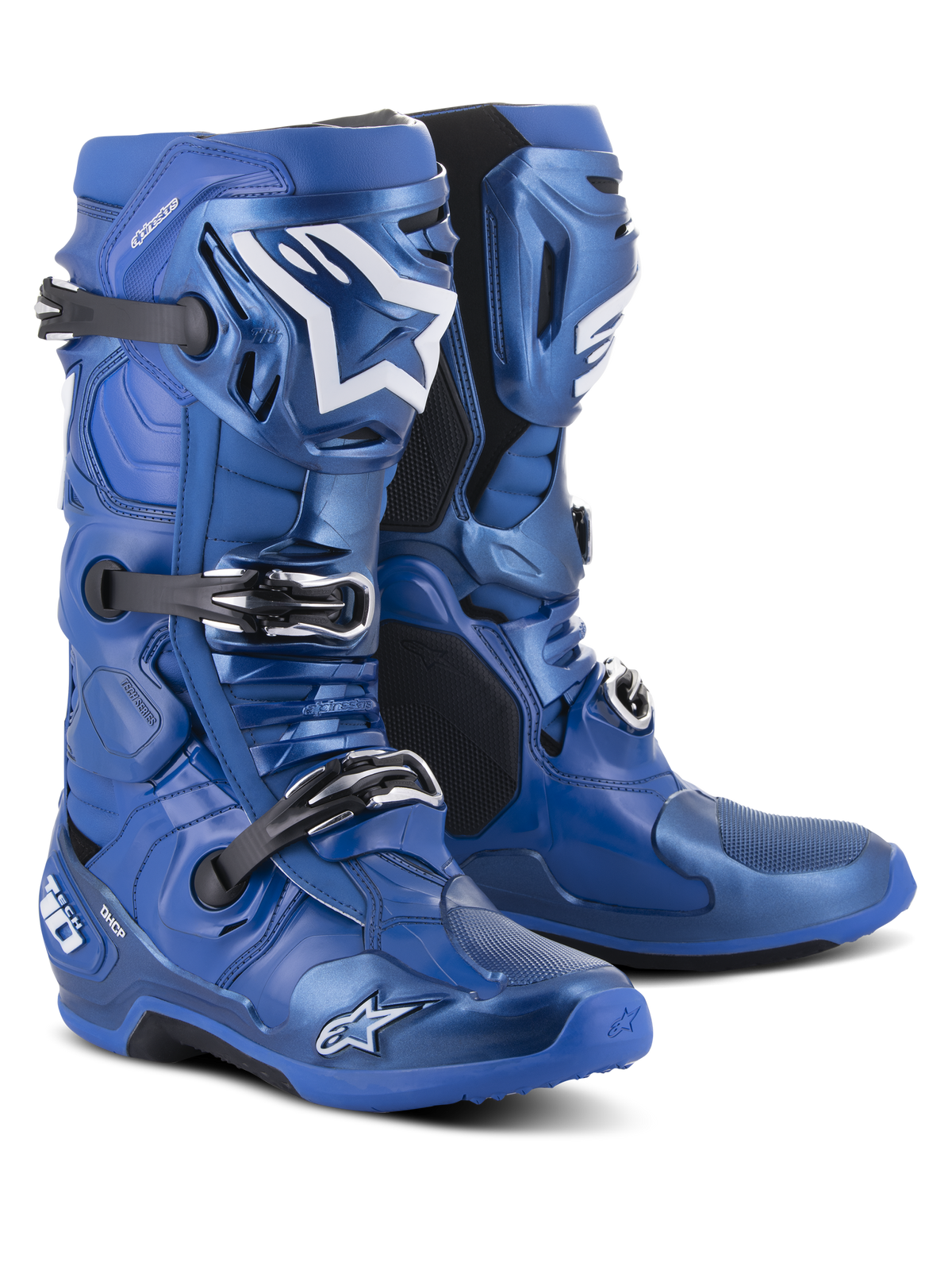Alpinestars Tech 10 Stiefel, Motocross-Stiefel, Blau und Schwarz, mit einem Dreifach-Schnallen-Verschlusssystem, weißem Alpinestars Stern-Logo auf dem Schienbein, robuster TPU-Schale und verstärkter Sohle für Offroad-Performance