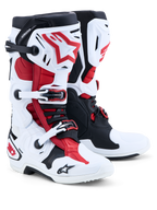 Alpinestars Tech-10 Motocross-Stiefel, Weiß, Schwarz und Rot, CE-zertifiziert mit frontalem Flex-Rahmen und TPU-Schale.