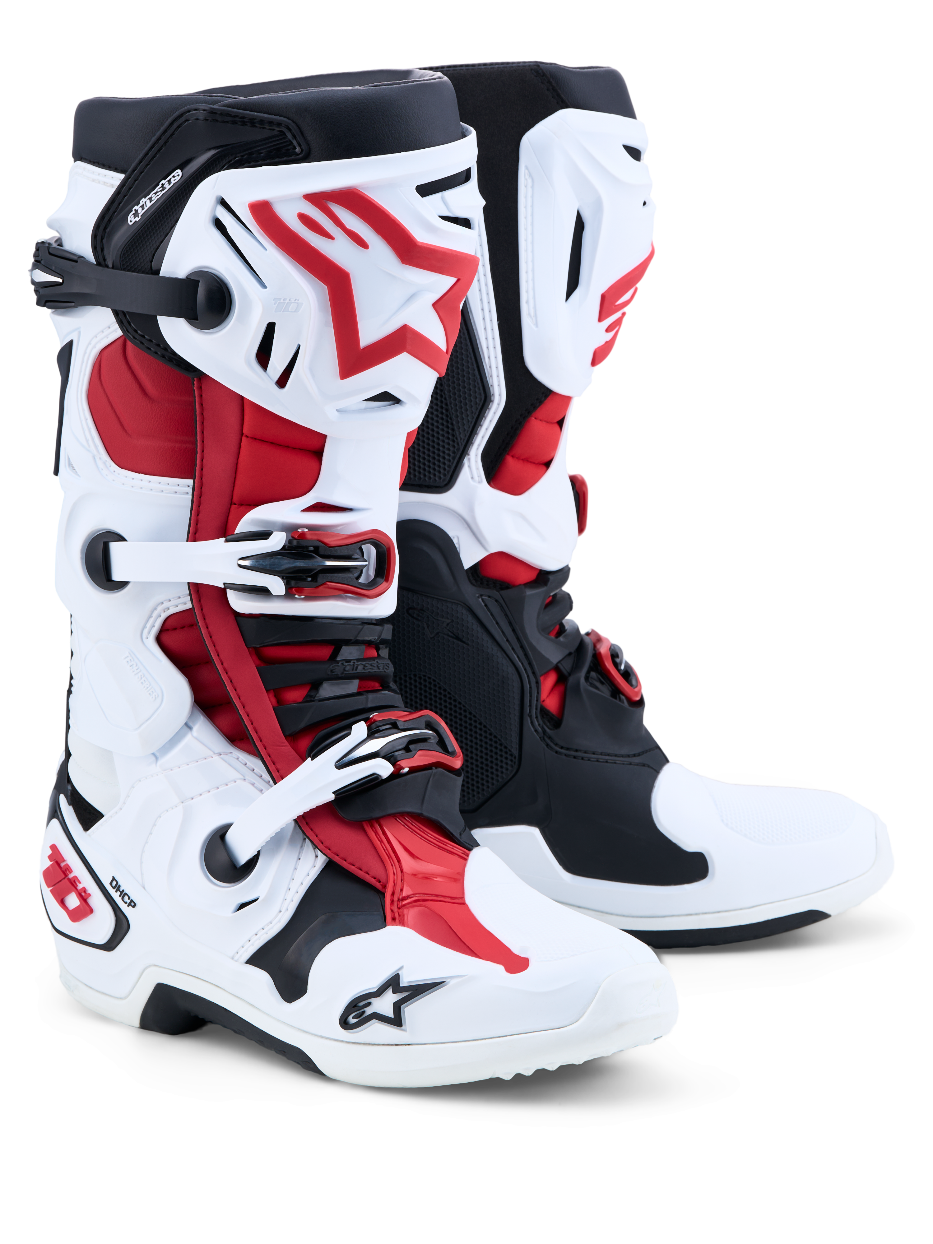 Alpinestars Tech-10 Motocross-Stiefel, Weiß, Schwarz und Rot, CE-zertifiziert mit frontalem Flex-Rahmen und TPU-Schale.