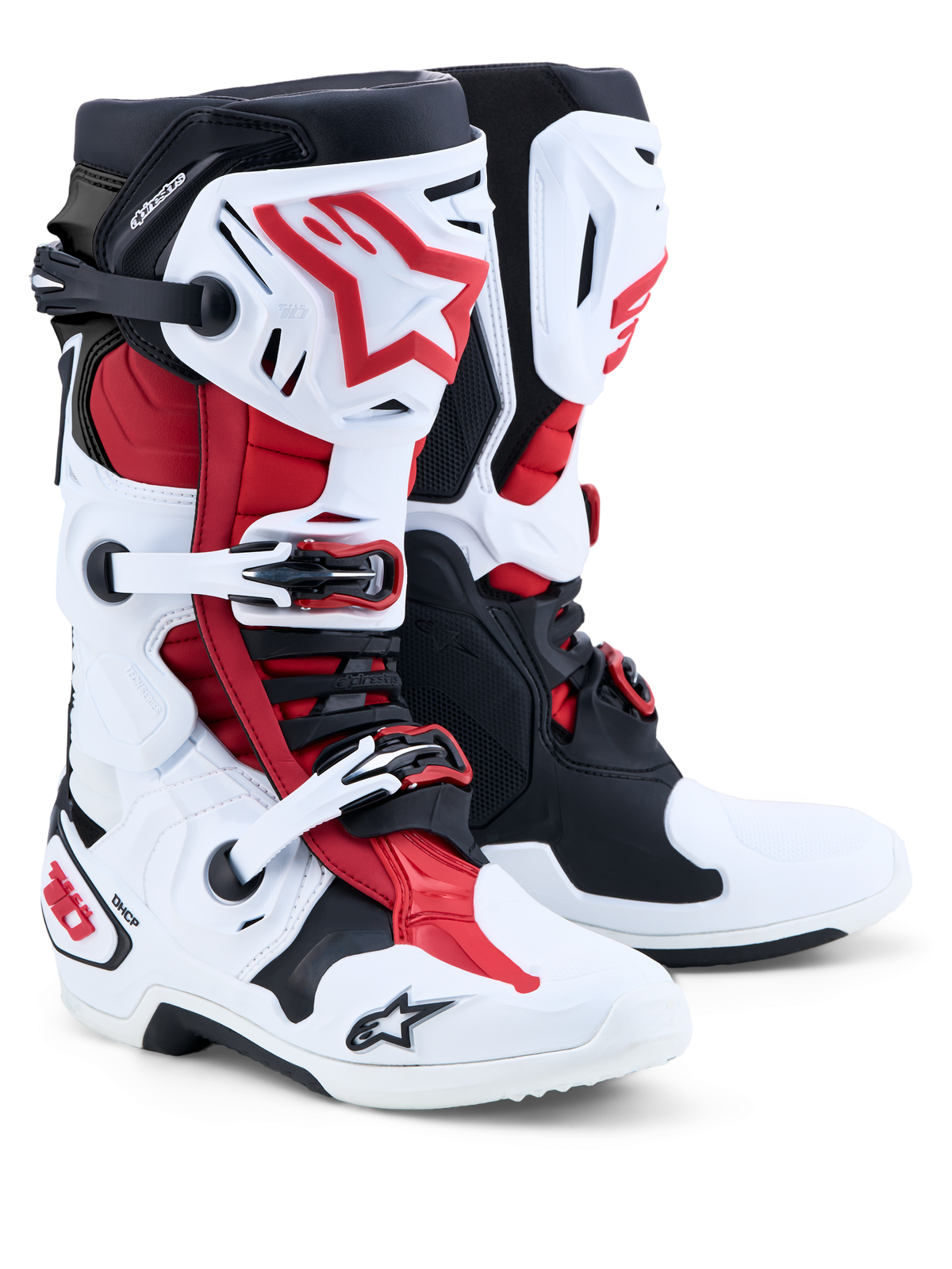 Alpinestars Tech 10 Stiefel, Motocross-Stiefel, Weiß, Schwarz und Leuchtrot, Paaransicht mit Fokus auf TPU-Schutzplatten, Schnallenverschlusssystem und DHCP-Fersenstütze.