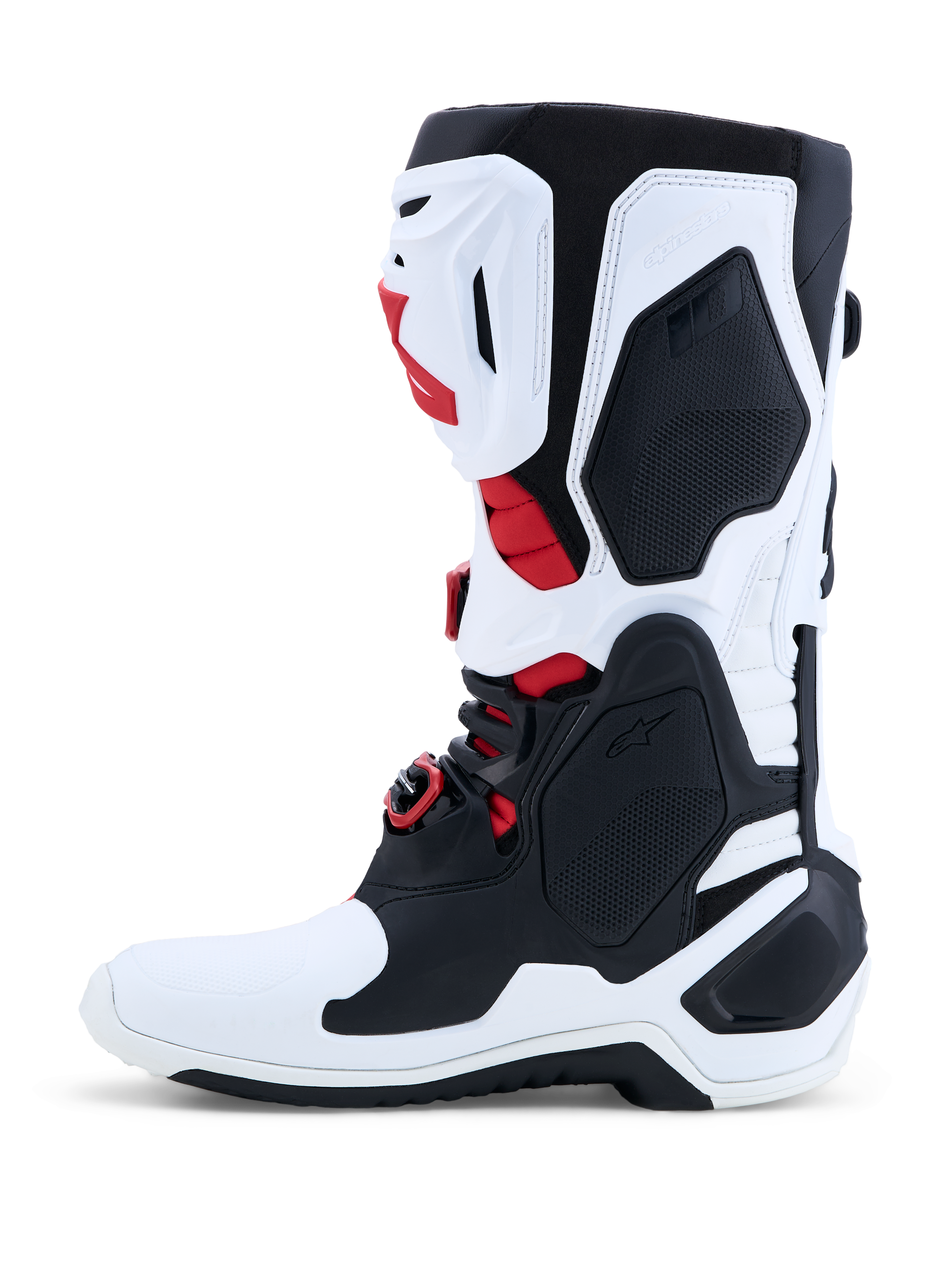Alpinestars Tech-10 Motocross-Stiefel, Weiß und Schwarz mit Rot, CE-zertifizierte TPU-Schale für Profi-Offroad-Rennen.