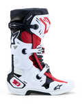 Alpinestars Tech 10 Stiefel, Motocross- und Offroad-Stiefel in Weiß, Schwarz und Leuchtrot, Seitenansicht mit robuster TPU-Schale, Schnallenverschlusssystem und Dynamic Heel Compression Protector (DHCP).