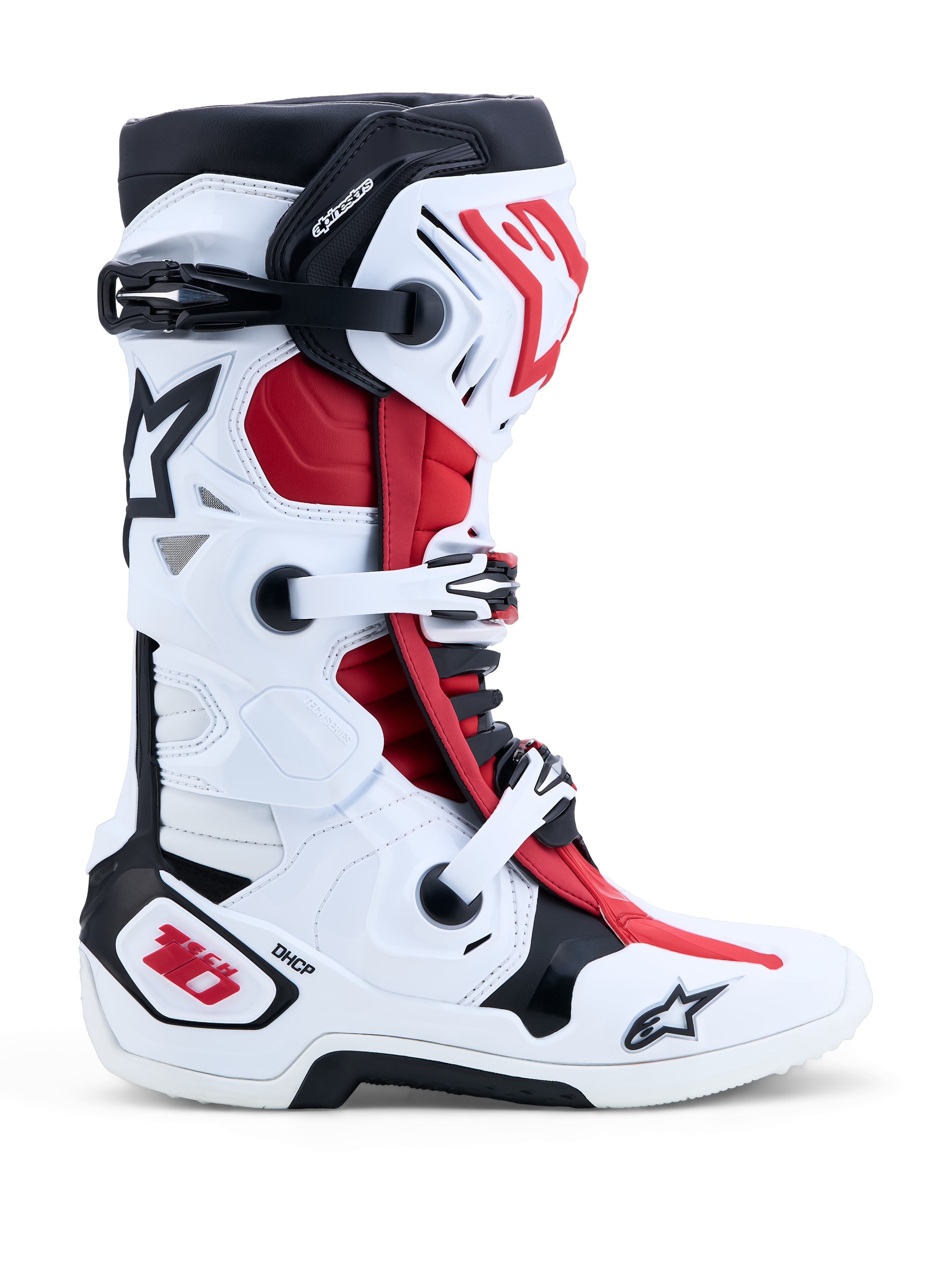 Alpinestars Tech-10 Motocross-Stiefel in Weiß und Rot mit DHCP-Schutz und Doppelpivotsystem für Offroad-Einsätze.