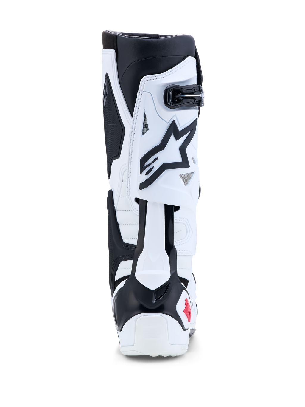 Alpinestars Tech-10 Motocross-Stiefel in Weiß und Schwarz mit Kontrolle der hinteren Klingen-Hyperextension.