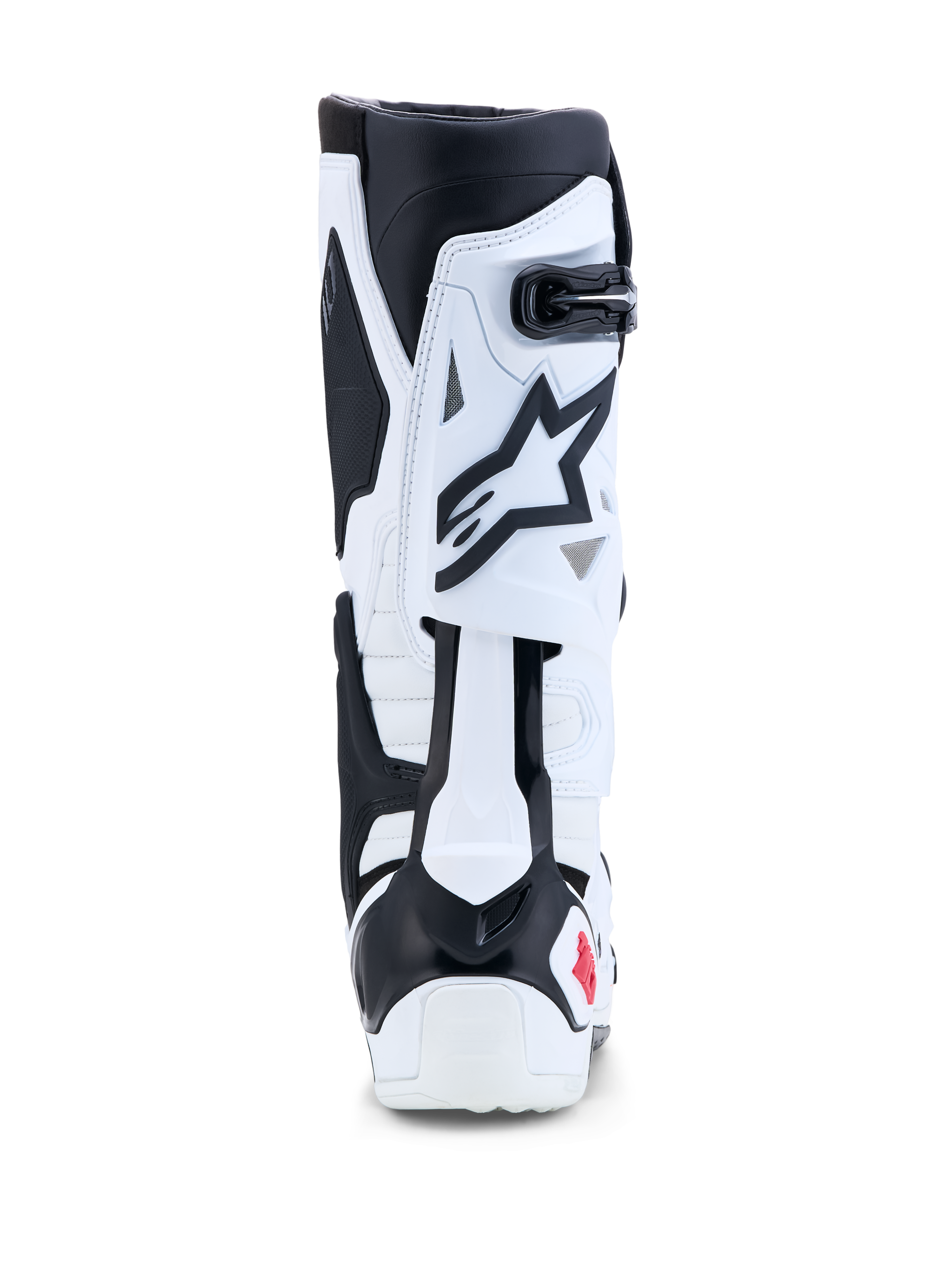 Alpinestars Tech-10 Motocross-Stiefel in Weiß und Schwarz mit Kontrolle der hinteren Klingen-Hyperextension.