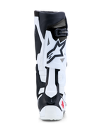 Alpinestars Tech 10 Stiefel, Motocross- und Offroad-Rennstiefel, Weiß und Schwarz mit roten Akzenten, Rückansicht mit TPU-Hinterklingen-Flexionskontrolle und Fersenschutz.