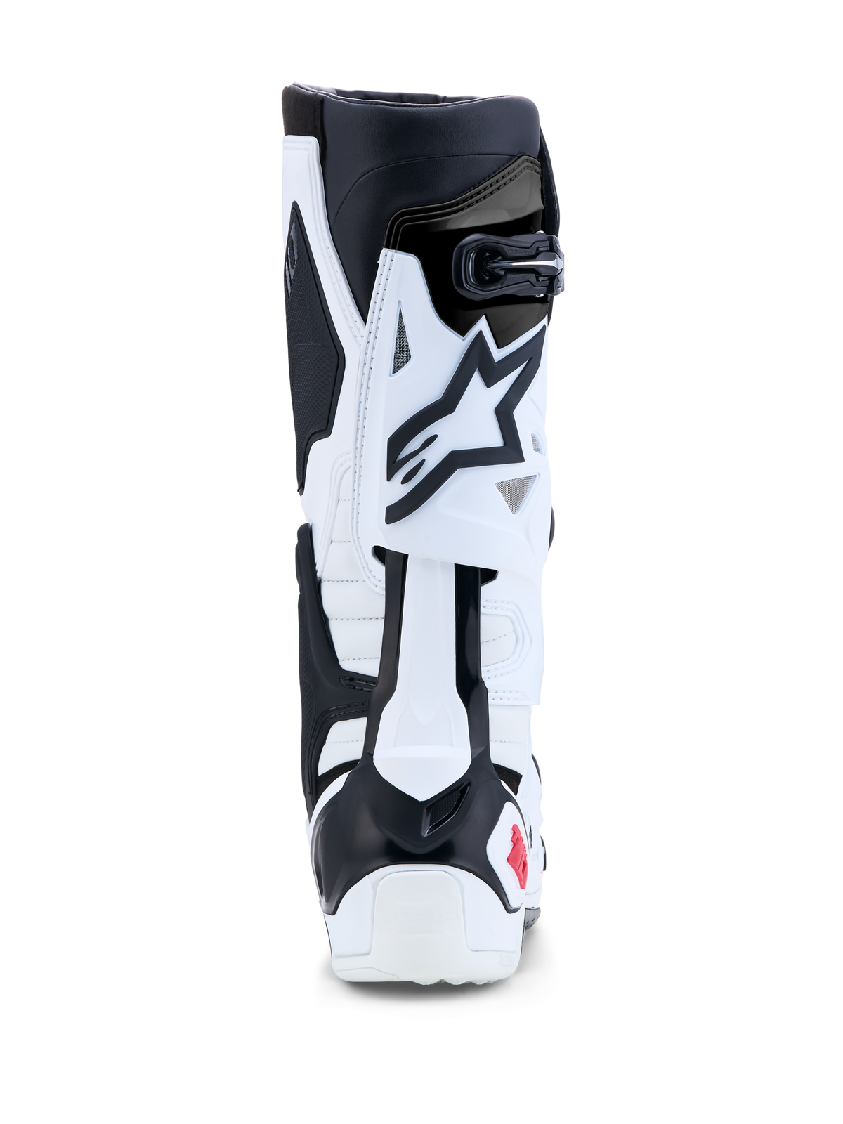 Alpinestars Tech 10 Stiefel, Motocross- und Offroad-Rennstiefel, Weiß und Schwarz mit roten Akzenten, Rückansicht mit TPU-Hinterklingen-Flexionskontrolle und Fersenschutz.