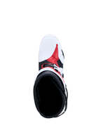 Alpinestars Tech-10 Stiefel in Weiß, Schwarz und Rot, Draufsicht auf Innenfutter und TPU-Chassis für Motocross.