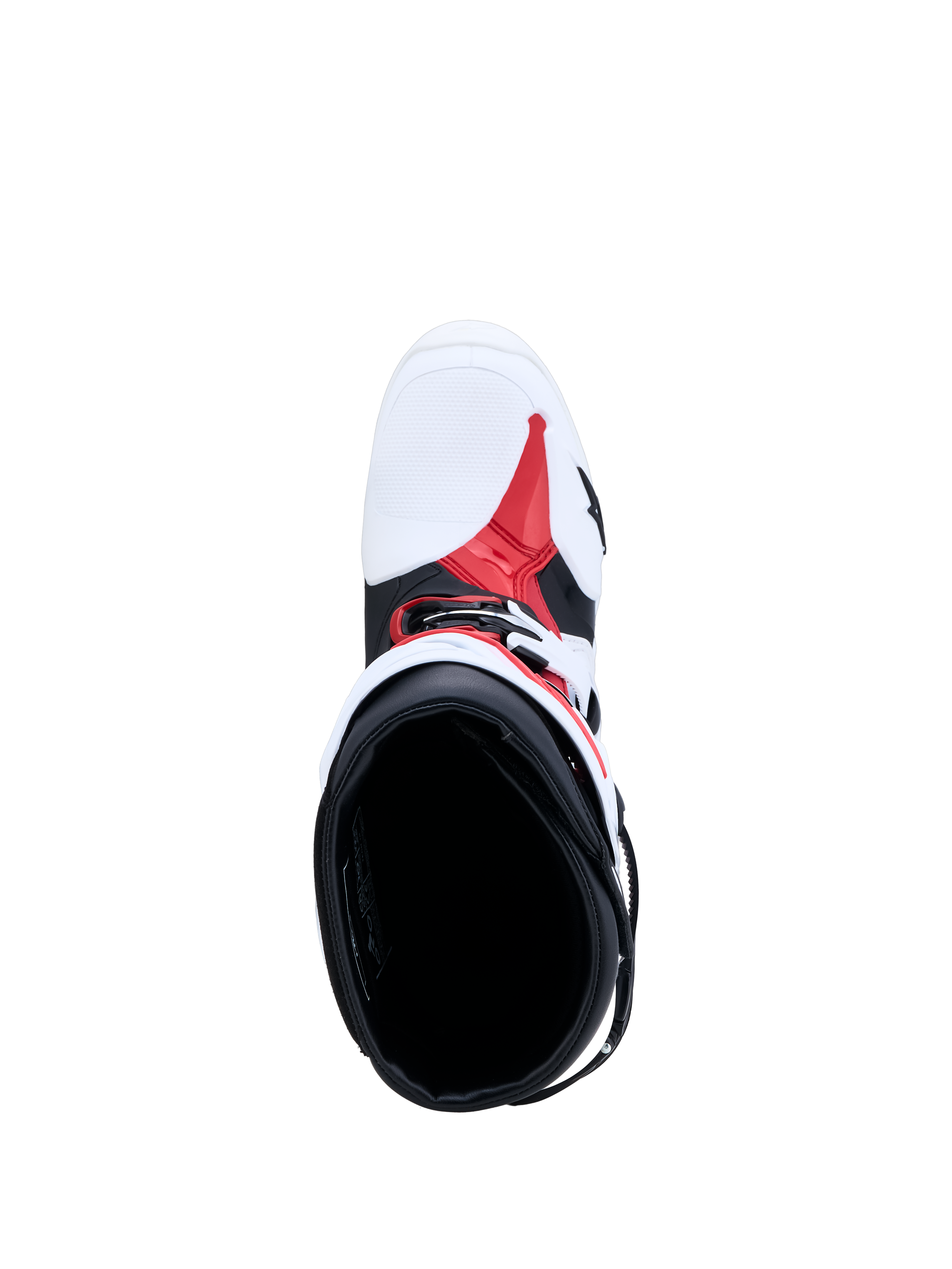 Alpinestars Tech-10 Stiefel in Weiß, Schwarz und Rot, Draufsicht auf Innenfutter und TPU-Chassis für Motocross.