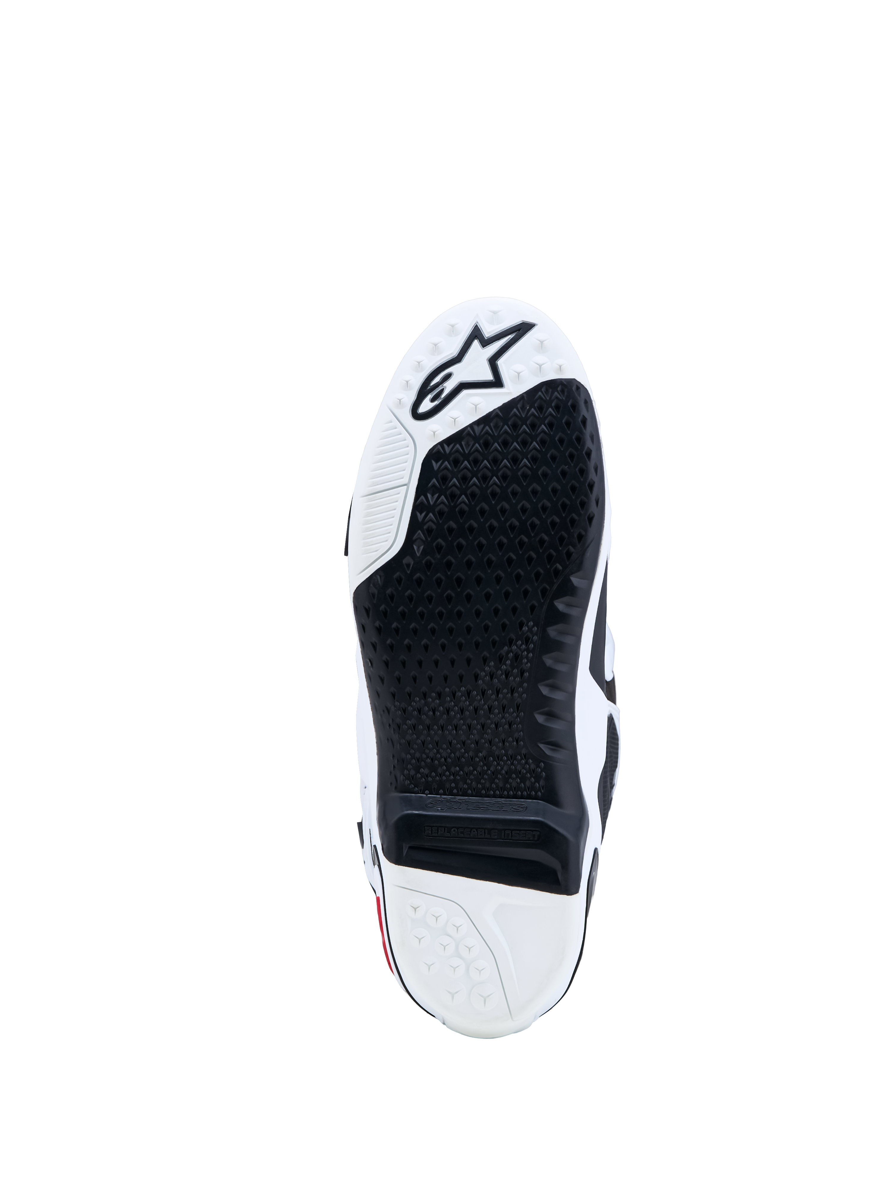 Alpinestars Tech-10 Stiefel, Motocross-Sohle in Schwarz und Weiß mit austauschbarem Gripeinsatz und Sternlogo.
