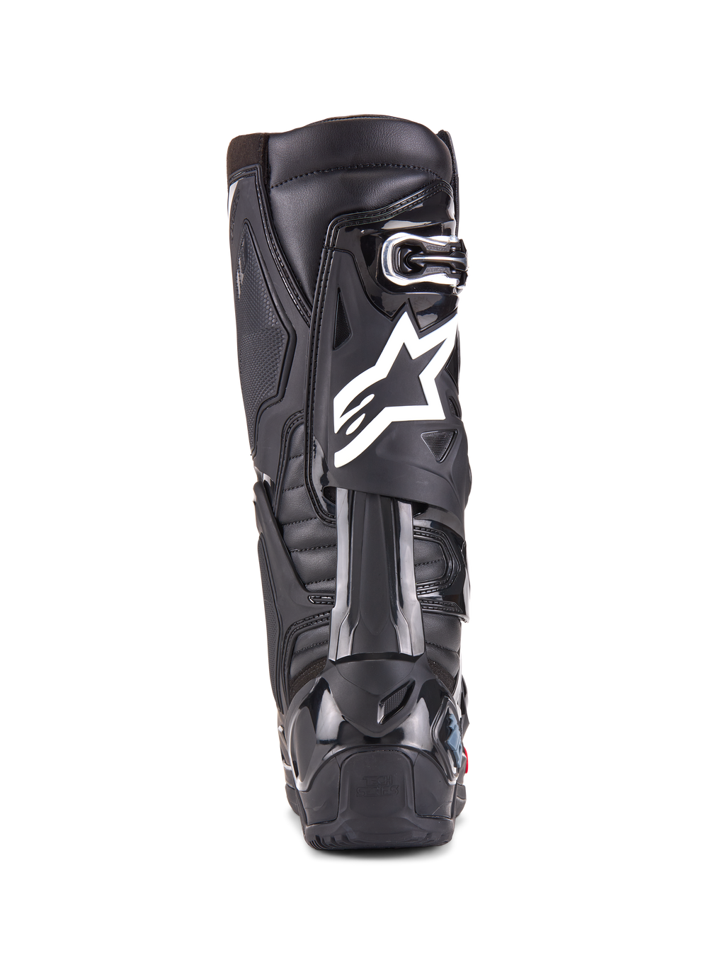 Alpinestars Tech 10 Enduro Stiefel, Schwarz, Rückansicht eines einzelnen Stiefels mit weißem Alpinestars-Logo, strapazierfähigem TPU-Fersenschutz und robustem Enduro-Sohlendesign für den Offroad-Rennsport