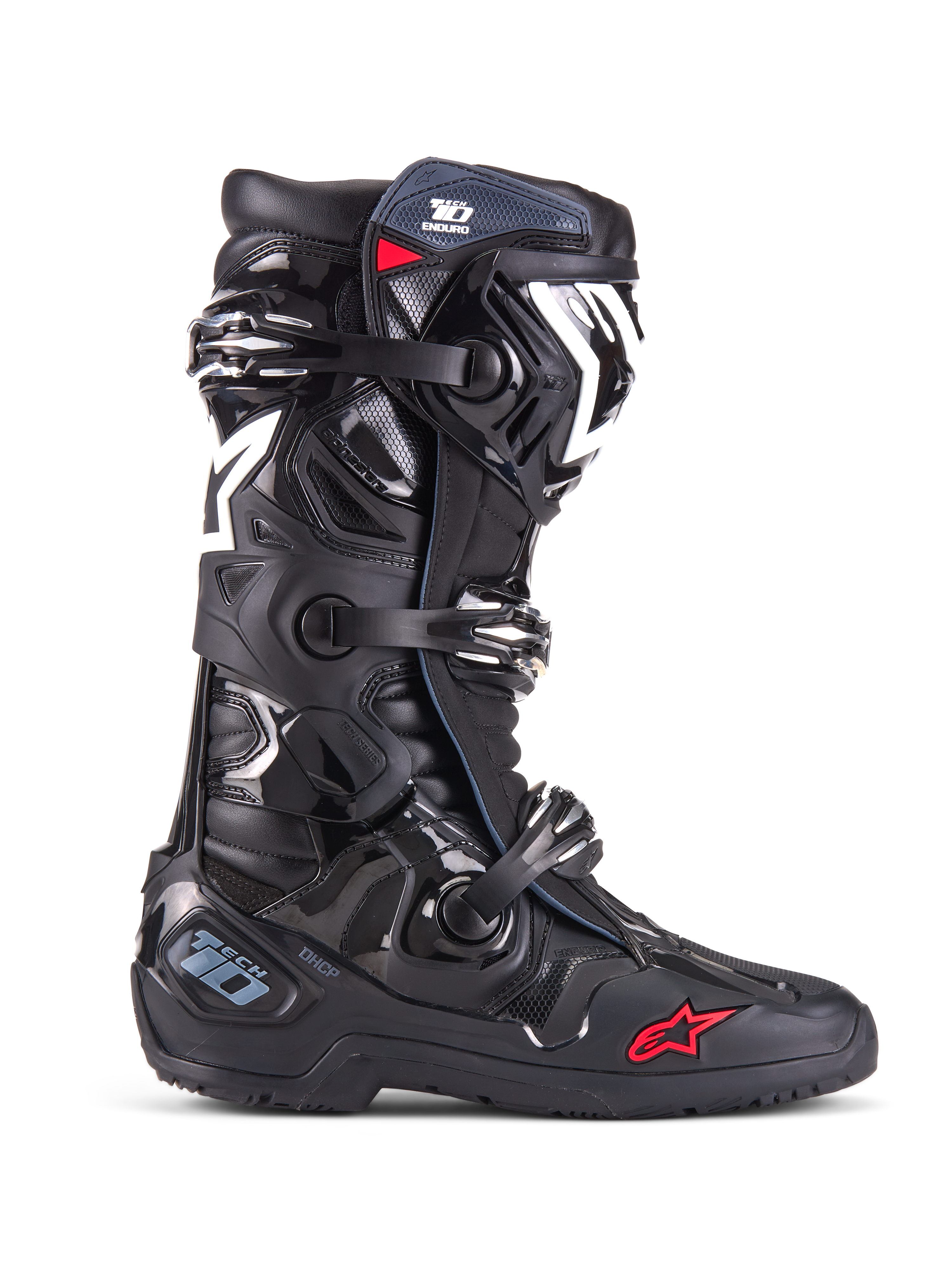 Alpinestars Tech 10 Enduro Stiefel, Motocross-Geländestiefel, Schwarz mit weißen und roten Akzenten, Dreifach-Schnallenverschluss-System, schützender TPU-Schienbeinschutz und Fersenplatte, robuste Enduro-Sohle, ikonisches Stern-Logo, Premium-Rennschutz