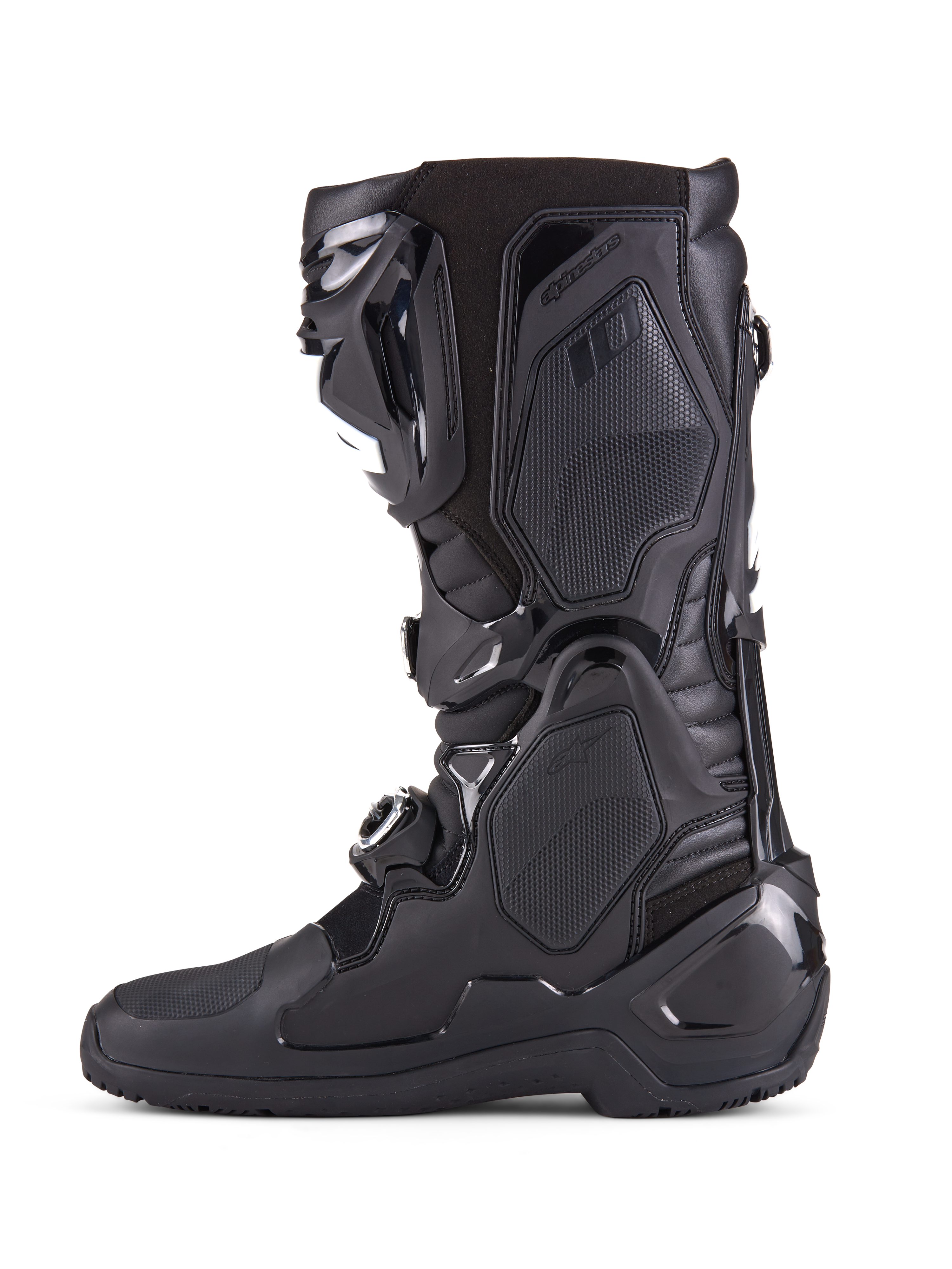 Alpinestars Tech 10 Enduro Stiefel, Ganz in Schwarz, Seitenansicht eines Hochleistungs-Motocross-Stiefels, mit langlebigen TPU-Schutzpaneelen, Dreifach-Schnallenverschluss-System und fortschrittlicher Flex-Kontrolle für den Offroad-Rennsport