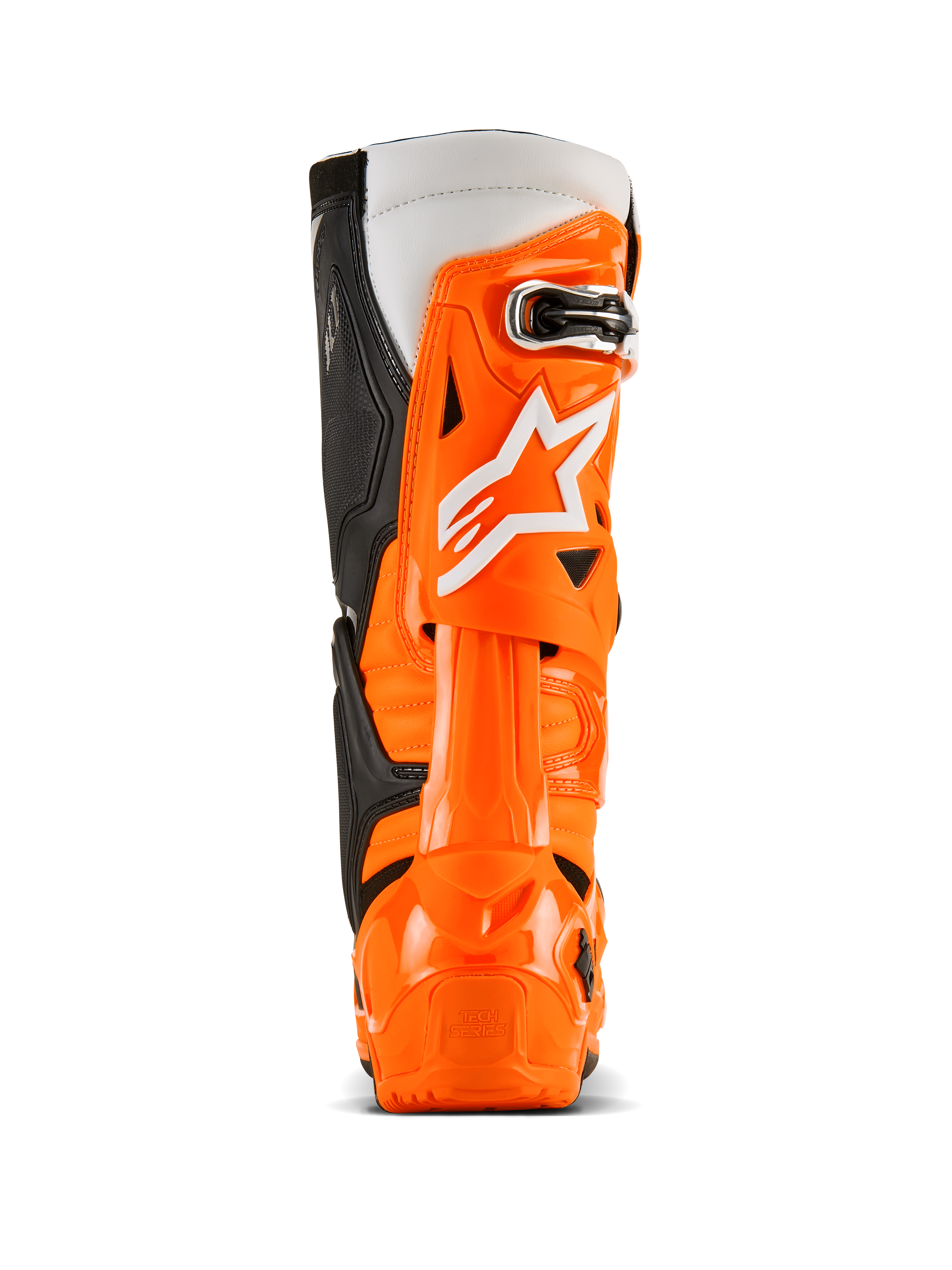Alpinestars Tech 10 Enduro Boots, Rear View, Orange Fluo Black White, vibrant orange TPU protective shell, white Alpinestars logo, black side panels, and specialized heel protection for off-road riding