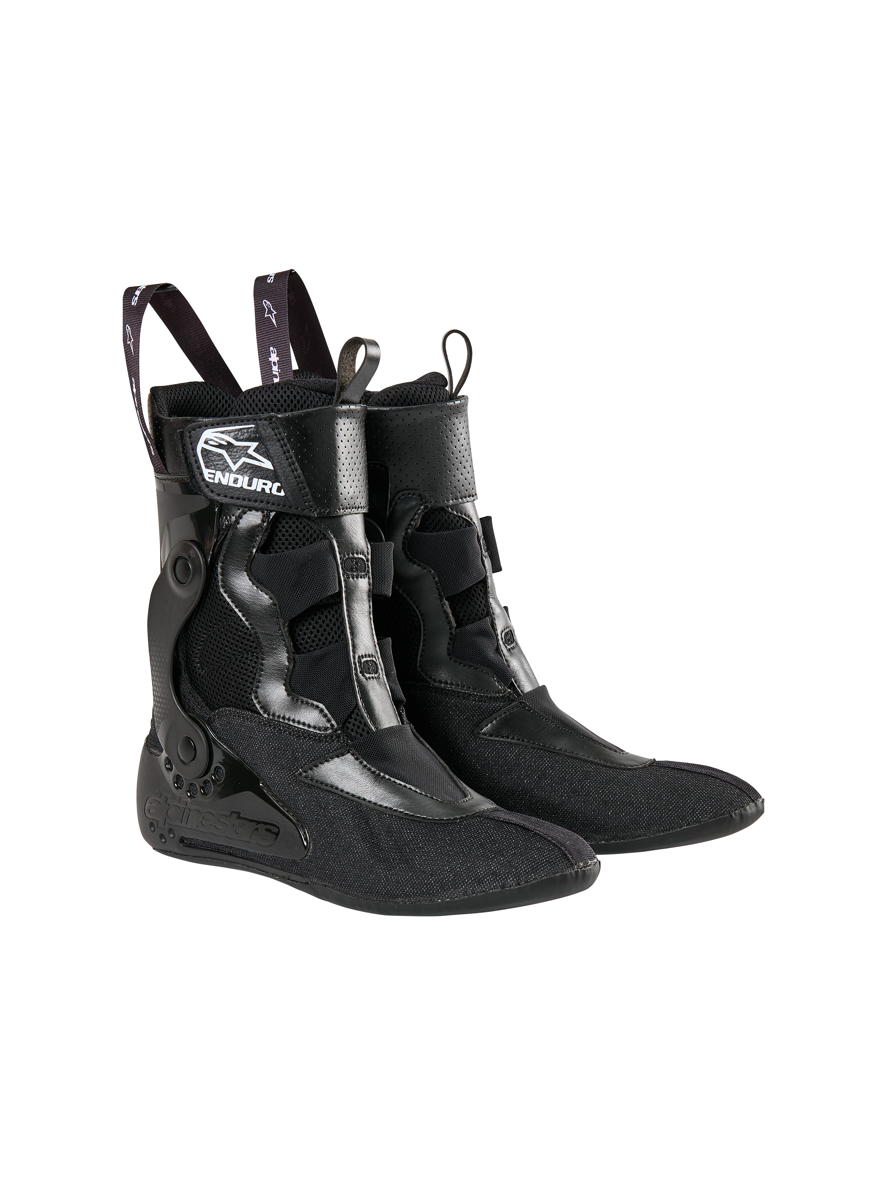 Alpinestars Tech 10 Enduro Stiefel Innenschuhe, Schwarz, mit Textil- und Mesh-Konstruktion, weißem Alpinestars-Logo und „ENDURO“-Branding, Schlaufen mit Stern-Logos und einem strukturierten internen Knöchelstütz-Design für Motocross-Performance