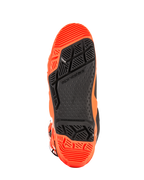 Alpinestars Tech 10 Enduro Boots, detailed view of the sole, Orange Fluo and Black, featuring a specialized dual-compound tread with high-grip geometric patterns and a replaceable footpeg insert for off-road performance.