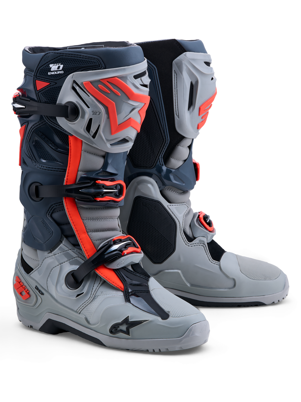 Alpinestars Tech-10 Enduro Stiefel, Offroad-Stiefel für Herren in Grau und Rot Fluo, mit TPU-Schutz und CE-Zertifizierung.