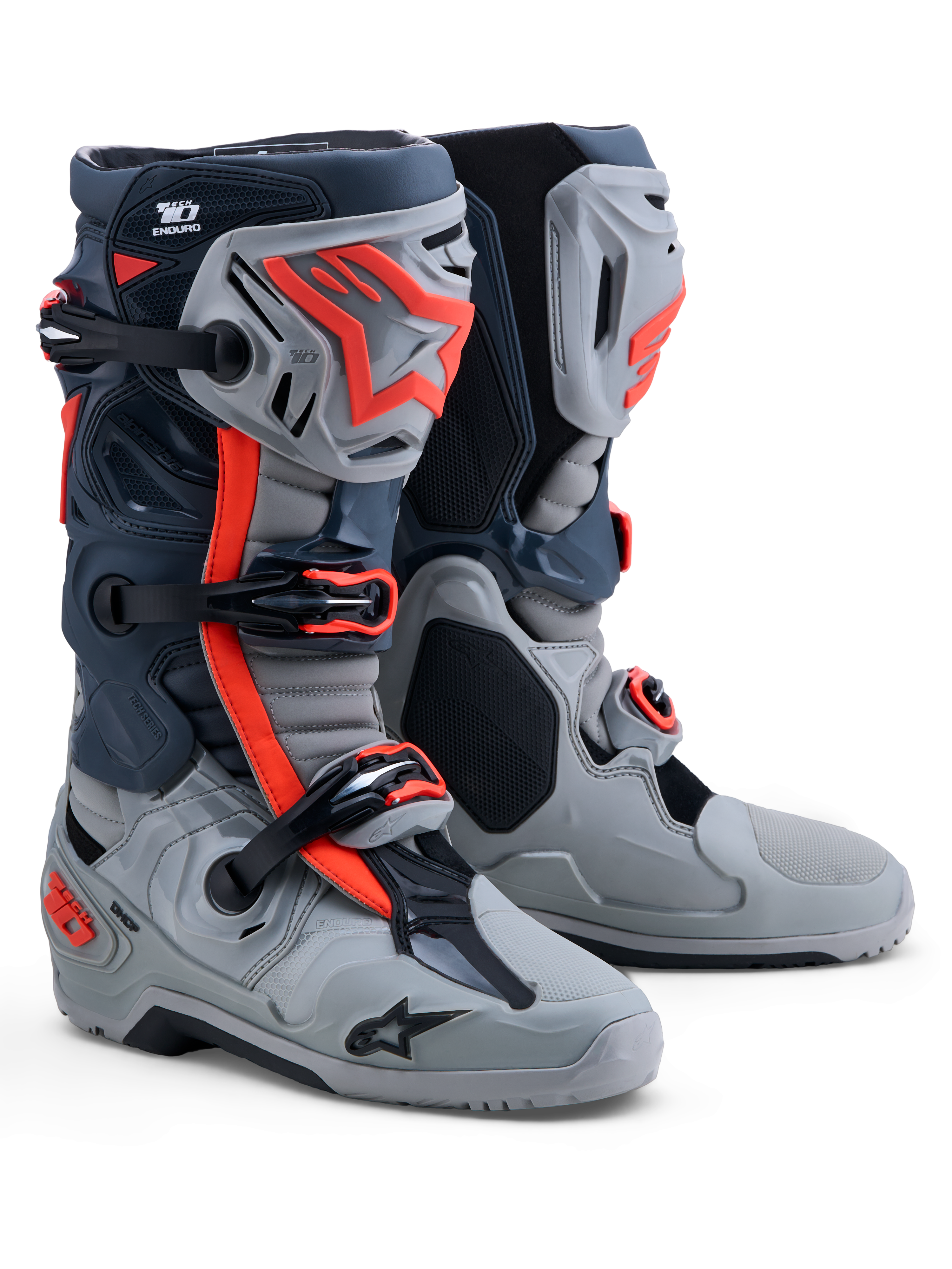 Alpinestars Tech-10 Enduro Stiefel, Offroad-Stiefel für Herren in Grau und Rot Fluo, mit TPU-Schutz und CE-Zertifizierung.