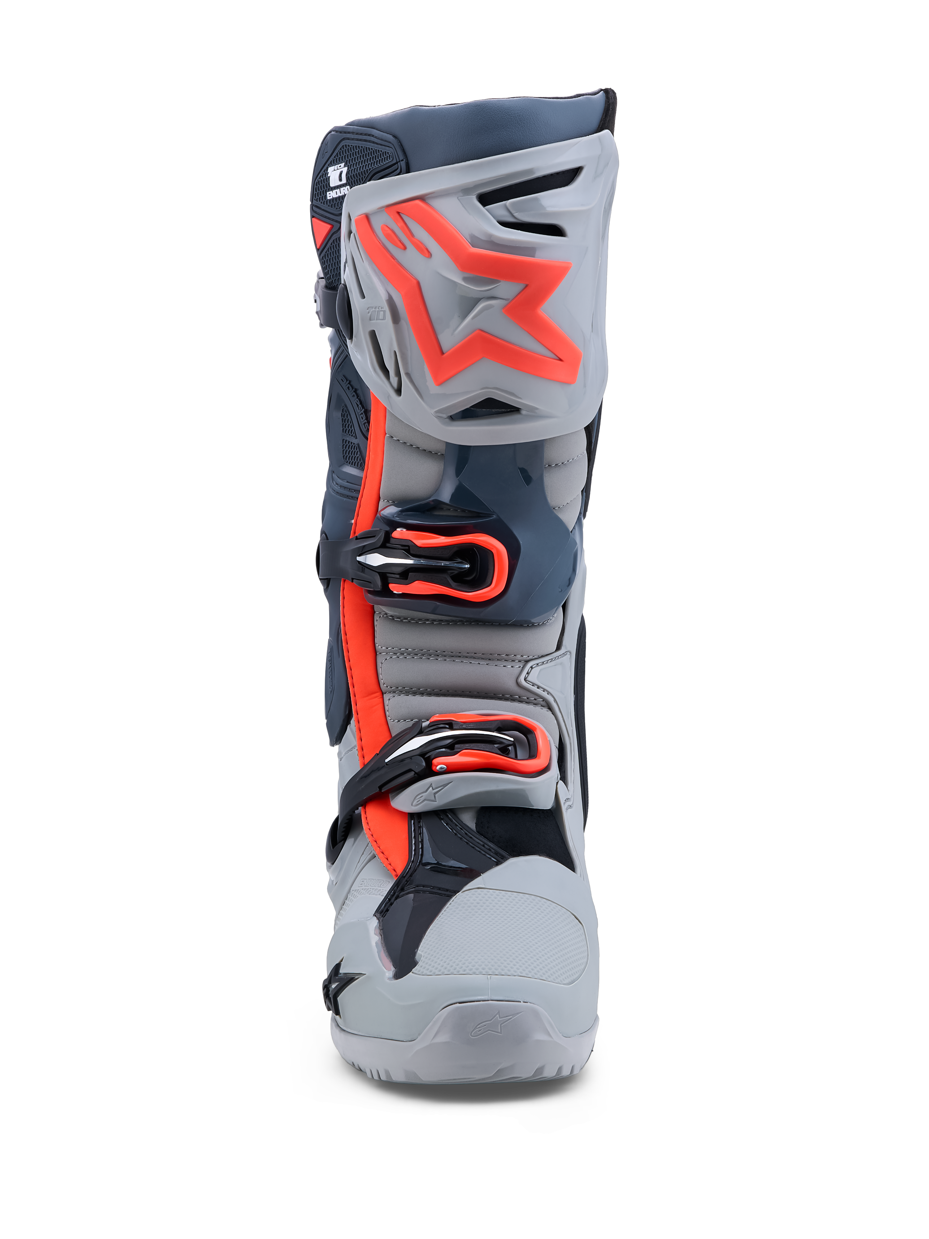 Alpinestars Tech-10 Enduro Stiefel, Motocross-Stiefel, Grau und Rot Fluo, Dreifachschnallenverschluss und TPU-Schienbeinplatte.