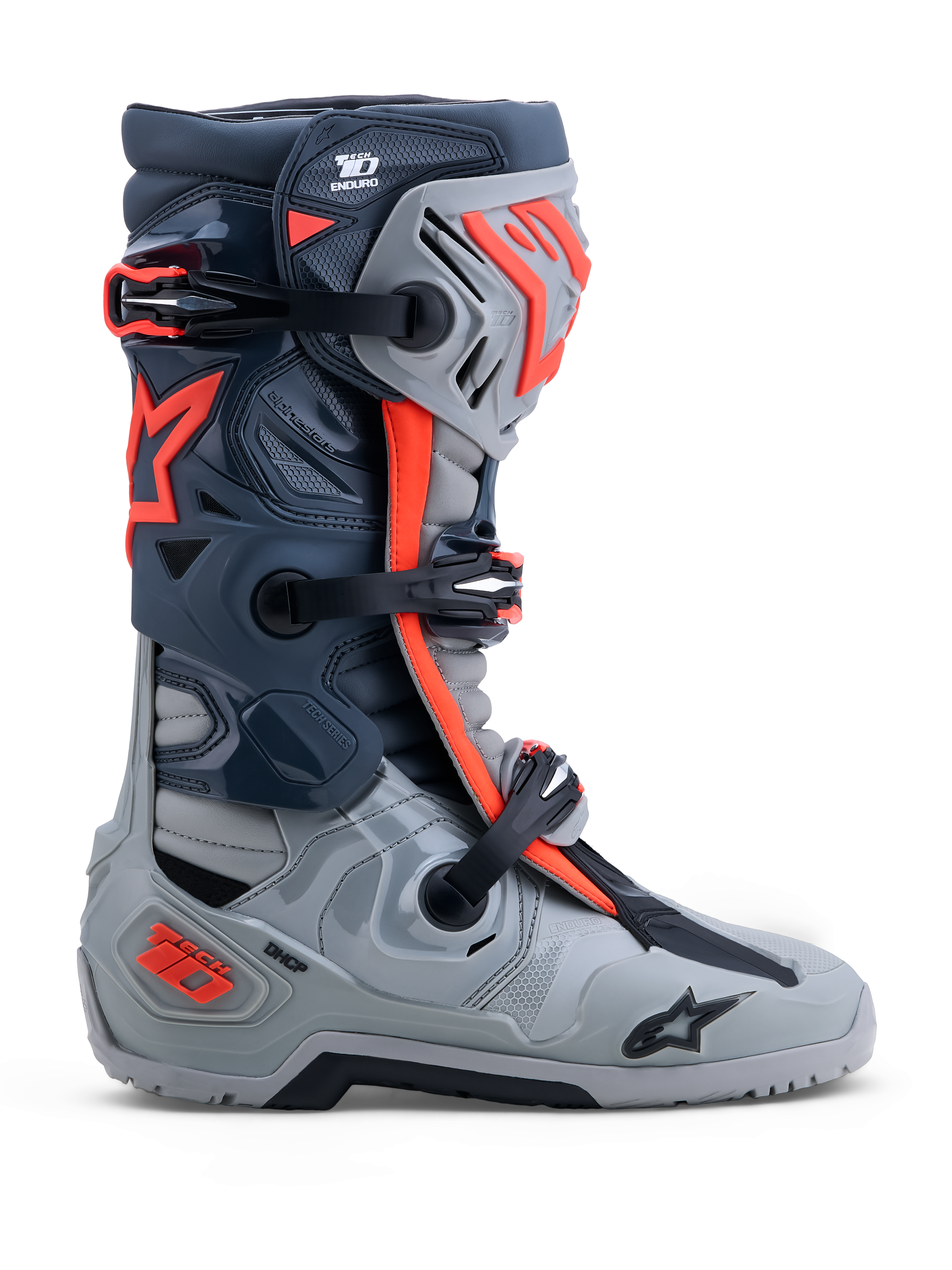 Alpinestars Tech-10 Enduro Stiefel, Offroad-Rennstiefel in Grau und Neonrot mit DCHP- und TPU-Schutz.