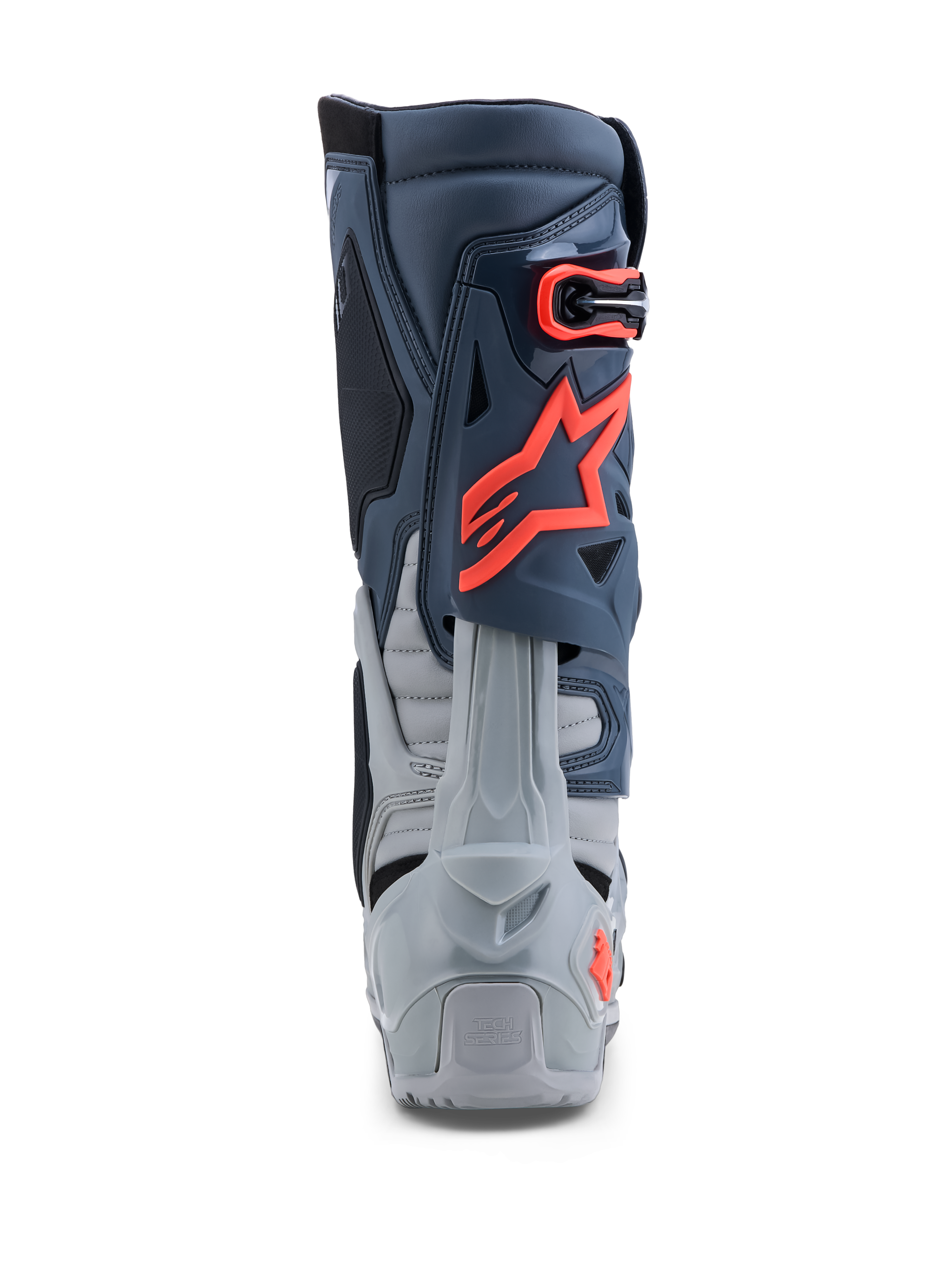 Alpinestars Tech-10 Enduro Stiefel, Grau und Rot Fluo, Rückansicht mit Fersenschutz, TPU-Konstruktion, Offroad-Motorradstiefel.