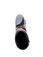 Alpinestars Tech-10 Enduro Stiefel, Herren-Motocross-Stiefel in Grau und Rot Fluo, Draufsicht zeigt Innenfutter und Schnallen.