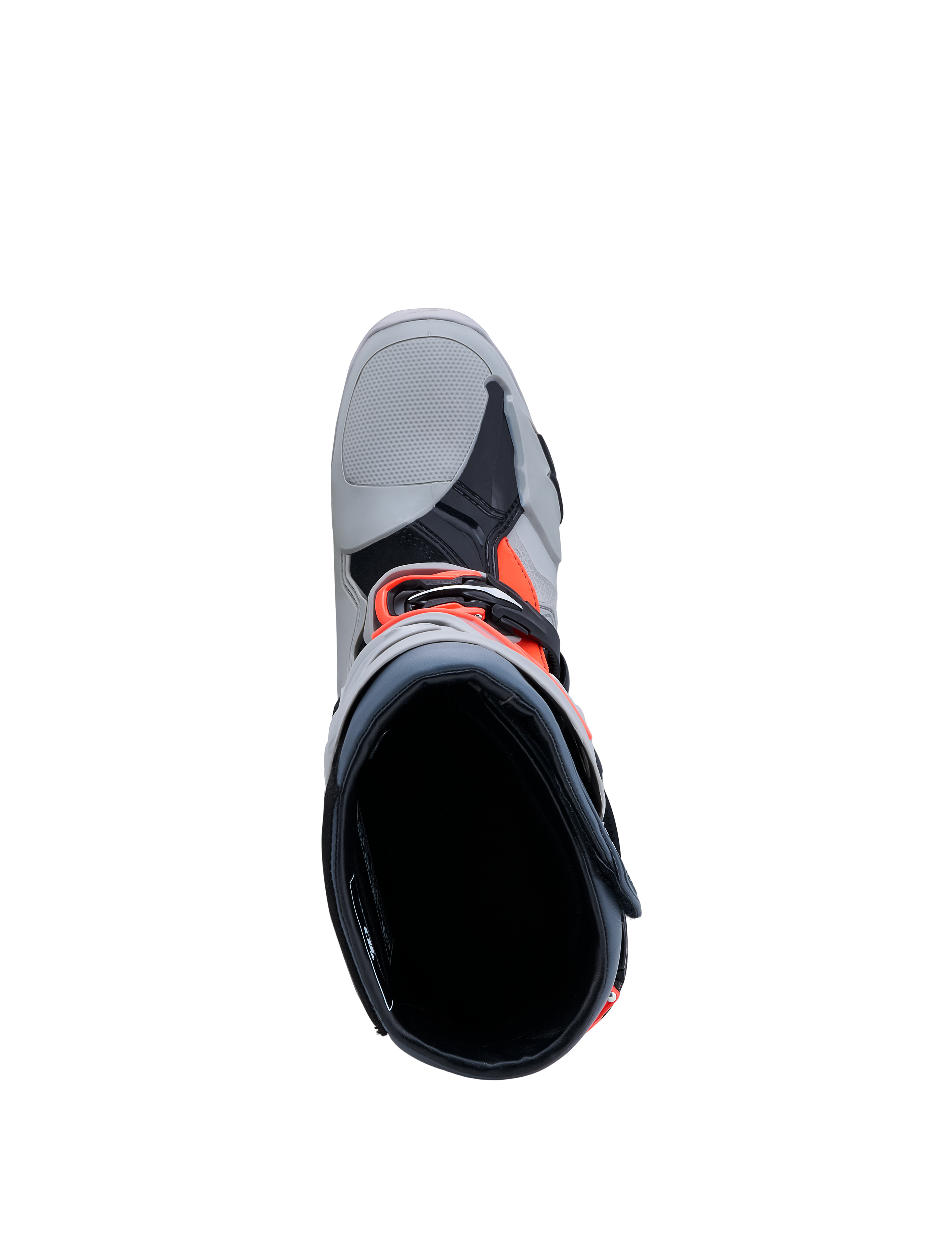 Alpinestars Tech-10 Enduro Stiefel, Herren-Motocross-Stiefel in Grau und Rot Fluo, Draufsicht zeigt Innenfutter und Schnallen.