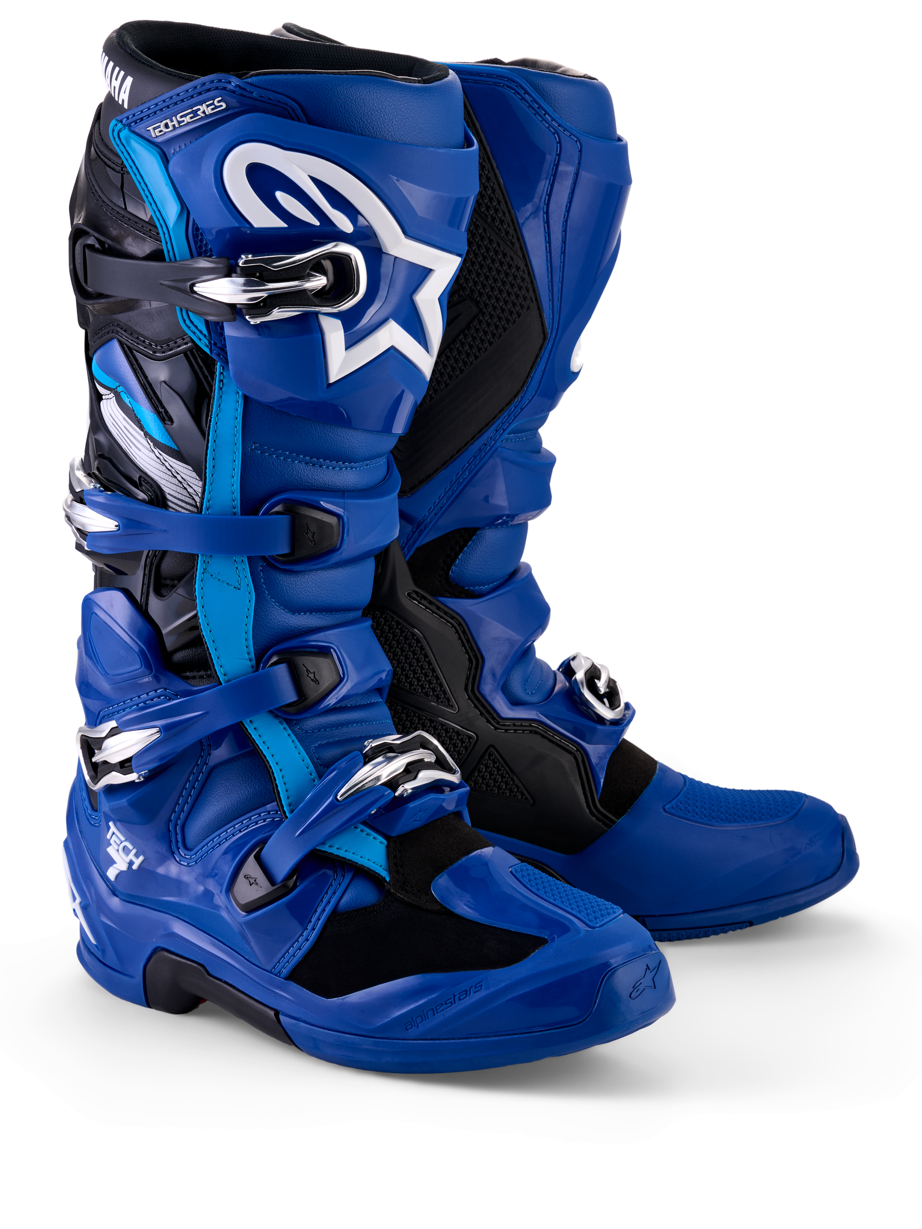 Alpinestars Yamaha Tech 7 Stiefel, Motocross-Stiefel, Blau, Schwarz und Weiß, mit Mehrfach-Schnallenverschlusssystem, TPU-Schienbeinplatte mit weißem Astar-Logo und Yamaha-Branding an der oberen Gamasche, entwickelt für Offroad-Performance