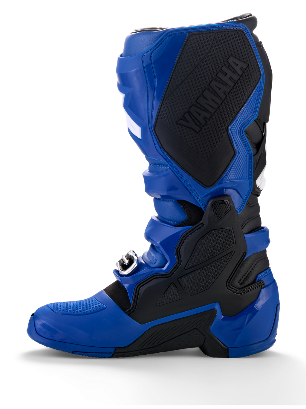 Alpinestars Yamaha Tech 7 Stiefel, Motocross-Stiefel, Blau und Schwarz, mit einem großen schwarzen Yamaha-Logo auf der Innenseite, TPU-Schutzpanzerung und einer robusten Sohle für Offroad-Performance