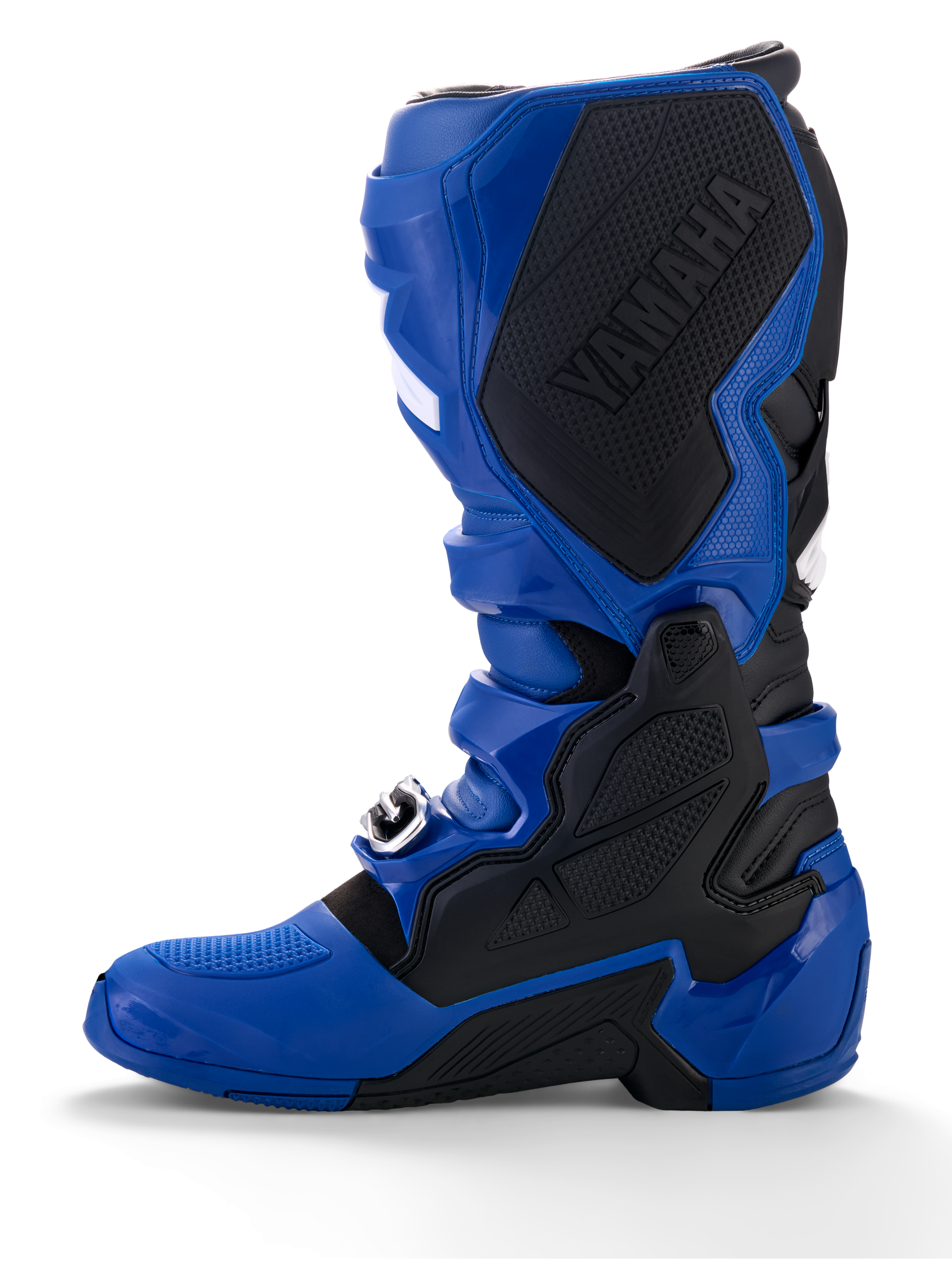 Alpinestars Yamaha Tech 7 Stiefel, Motocross-Stiefel, Blau und Schwarz, mit einem großen schwarzen Yamaha-Logo auf der Innenseite, TPU-Schutzpanzerung und einer robusten Sohle für Offroad-Performance