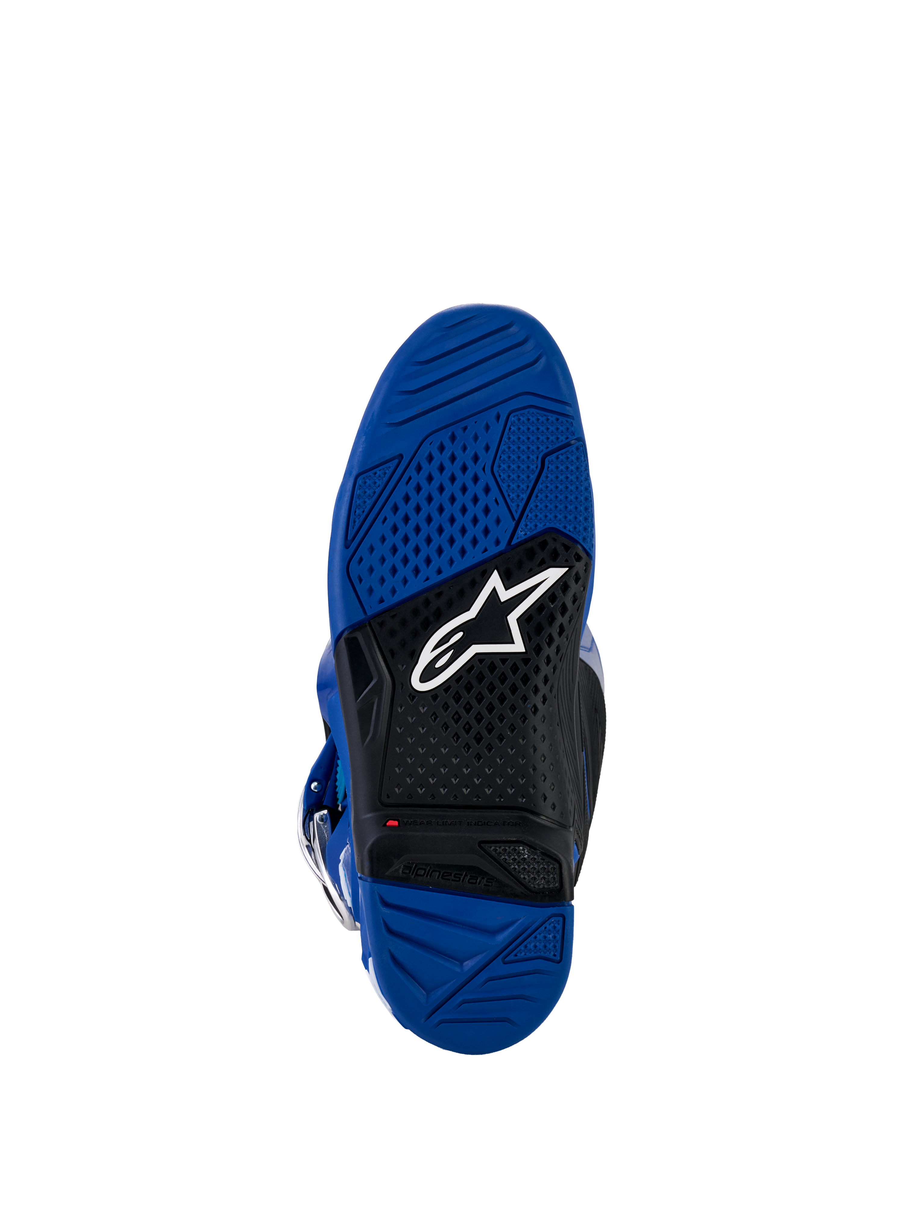 Alpinestars Yamaha Tech 7 Stiefel, Motocross-Stiefel, Sohlenansicht in Blau und Schwarz, Außensohle aus vulkanisiertem Doppelkomponenten-Gummi mit strukturiertem Gripmuster, weißem Alpinestars-Logo und rotem Verschleißindikator
