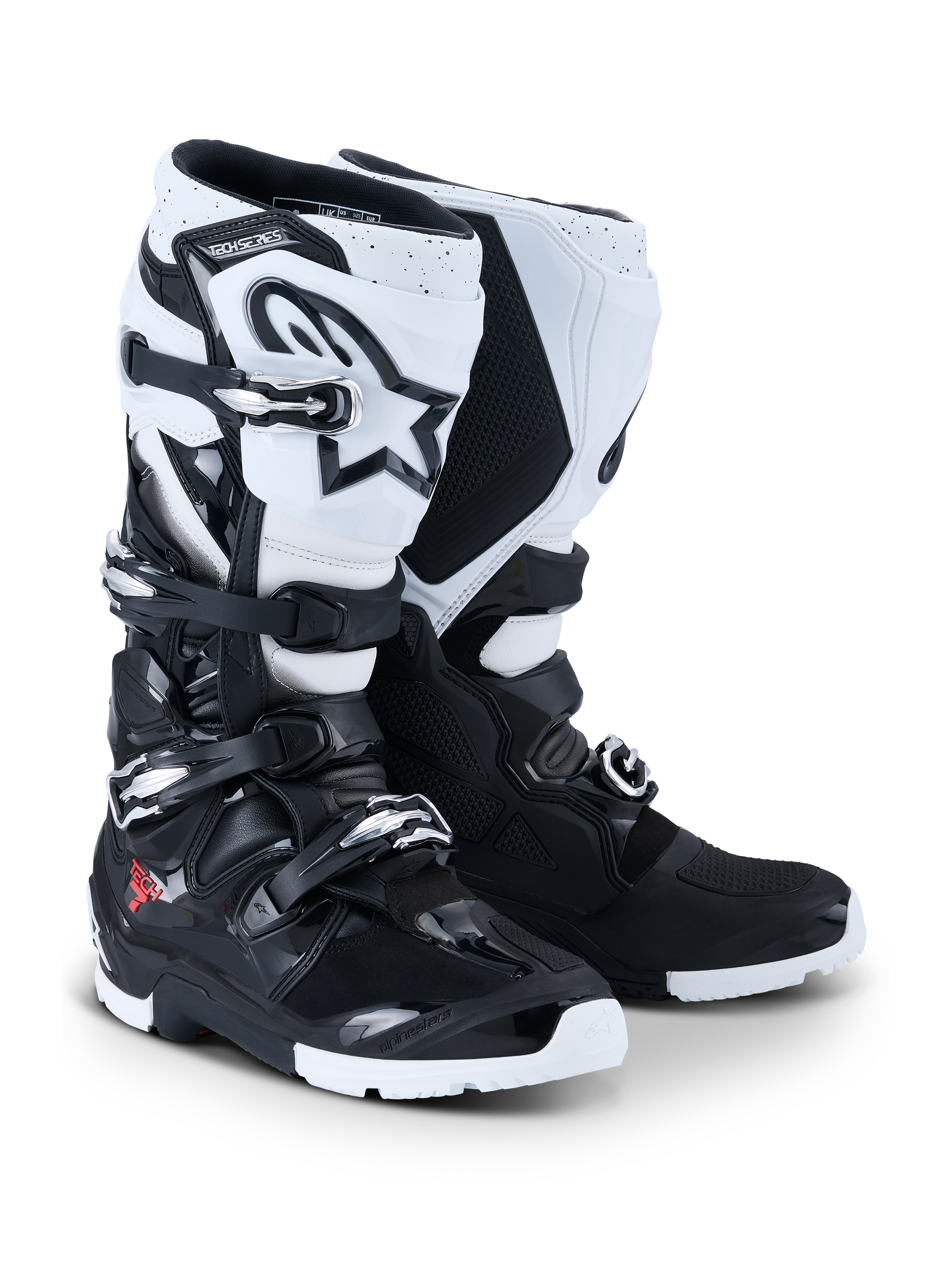 Alpinestars 2026 Tech 7 Enduro Boots, Motocross and Enduro Boots, Black and White, featuring a four-buckle closure system, prominent white Astar logo on the shin, TPU protective panels, and specialized enduro sole for off-road grip.