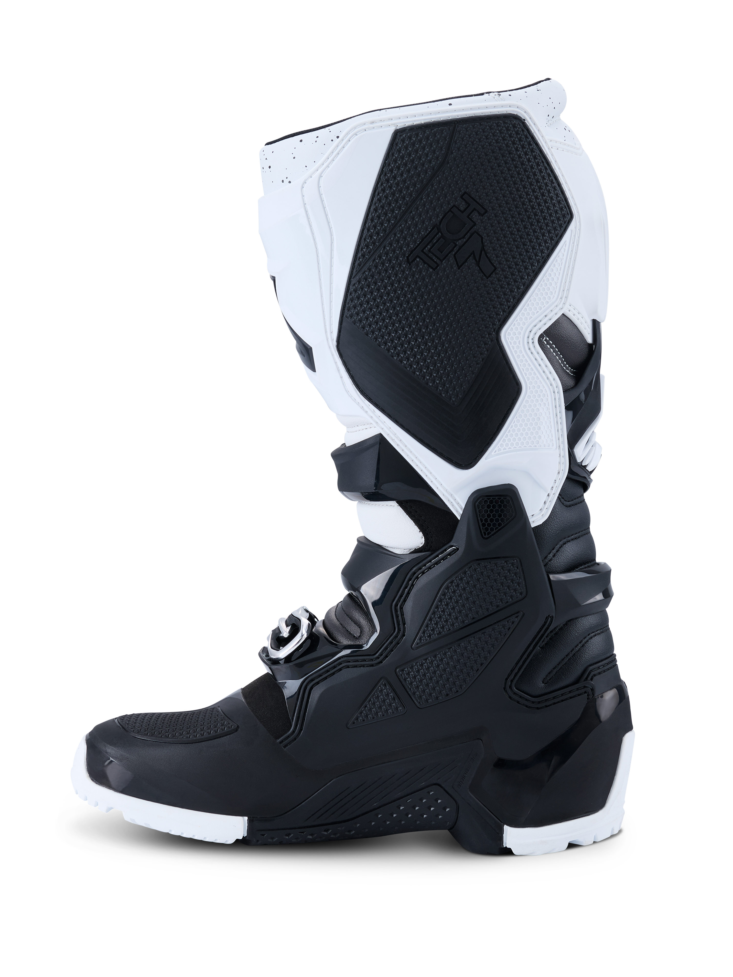 Alpinestars 2026 Tech 7 Enduro Boots, Motocross Boots, Black and White, side profile view showing durable TPU protection panels, textured medial grip section with Tech 7 branding, and heavy-duty buckle closure system for off-road riding.