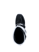 Alpinestars 2026 Tech 7 Enduro Stiefel, Motocross-Stiefel, Schwarz und Weiß, Draufsicht in den Stiefelschaft mit weißer Gamasche und schwarzem Innenfutter, spezialisierte Ausrüstung für Offroad- und Enduro-Fahrten
