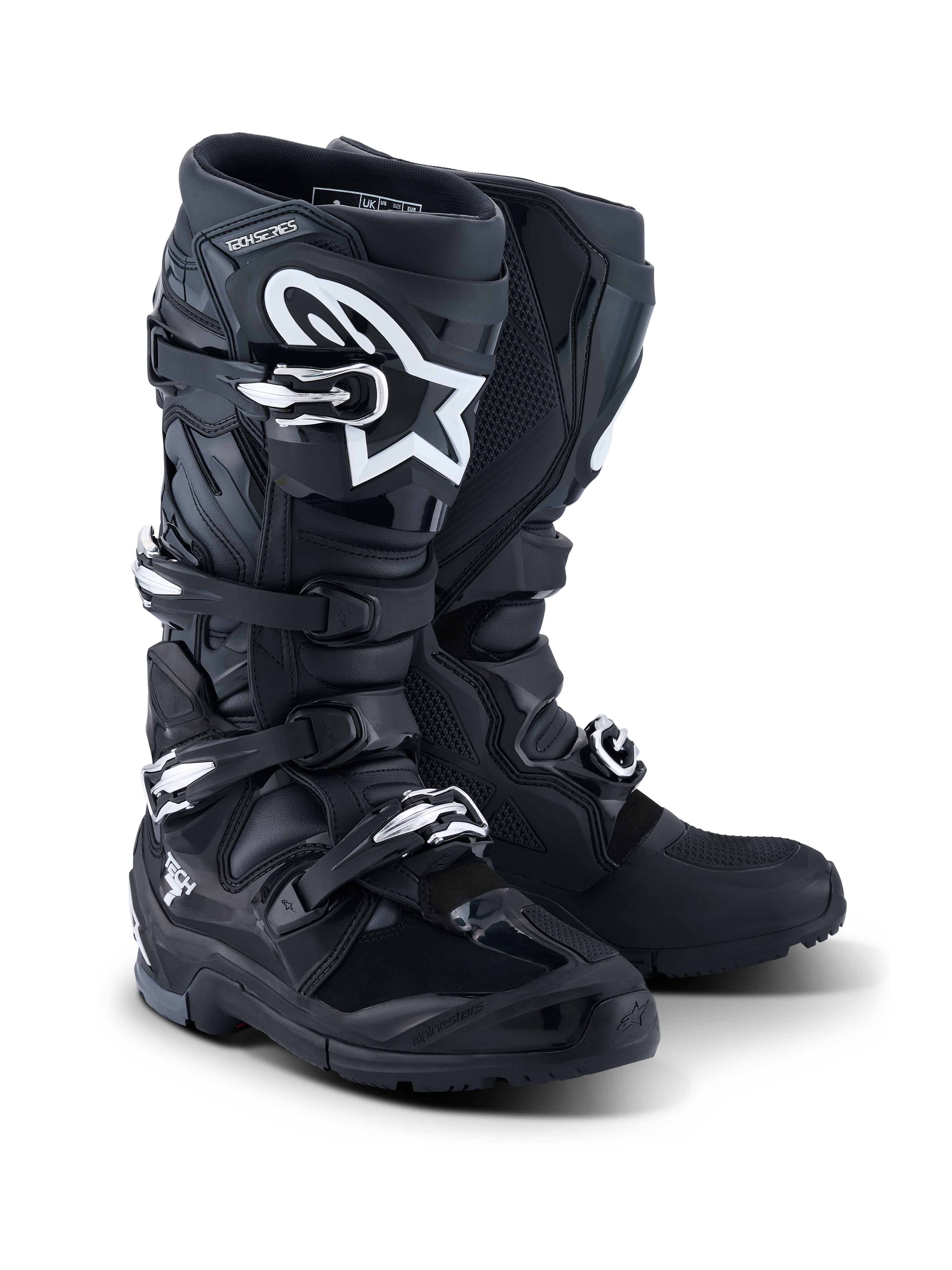 Alpinestars 2026 Tech 7 Enduro Stiefel, Motorrad-Enduro-Stiefel, Schwarz, Anthrazit und Weiß, mit einem Vier-Schnallen-Verschlusssystem, weißem A-Star-Logo auf der Schienbeinplatte, robuster Dual-Compound-Sohle für Offroad-Traktion