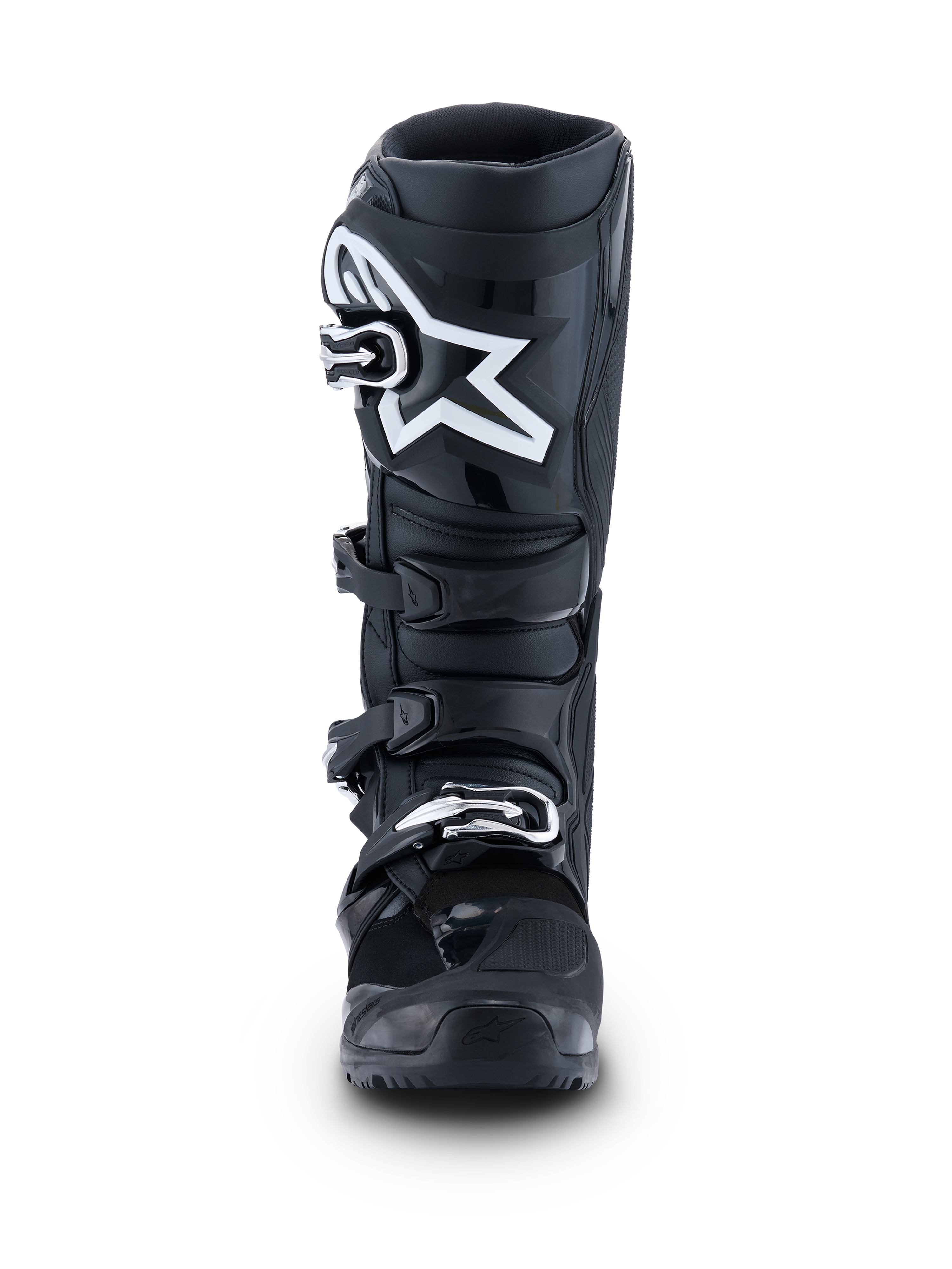 Alpinestars 2026 Tech 7 Enduro Stiefel, Schwarz Anthrazit Weiß, Vorderansicht mit markantem weißem Stern-Logo auf der Schienbeinplatte, Vier-Schnallen-Schnellverschlusssystem und verstärkter Schutzstruktur für Enduro- und Offroad-Fahrten