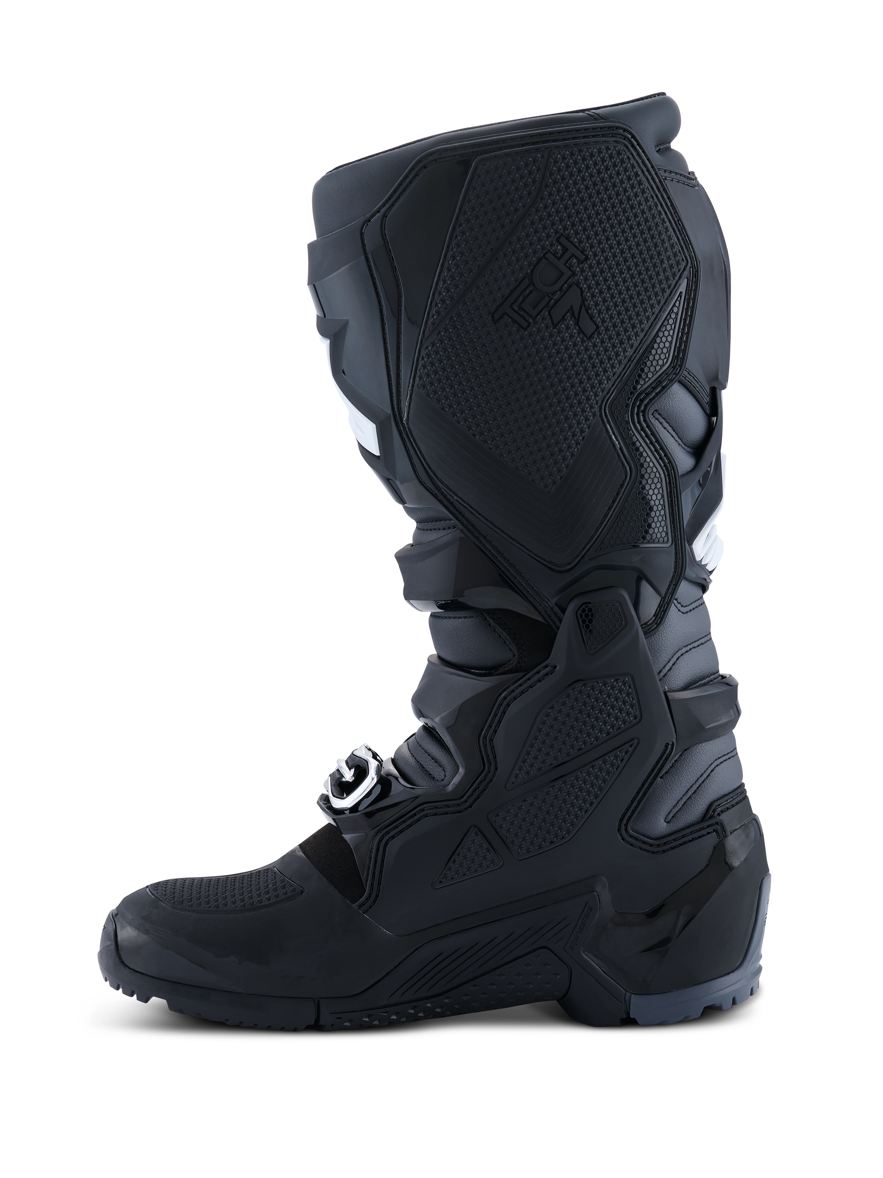 Alpinestars 2026 Tech 7 Enduro Stiefel, Motocross- und Enduro-Stiefel, Schwarz Anthrazit Weiß, mediale Seitenansicht mit texturiertem TPU-Panel für Bike-Kontakt, robuster Dual-Compound-Sohle und strapazierfähiger Mikrofaser-Konstruktion.
