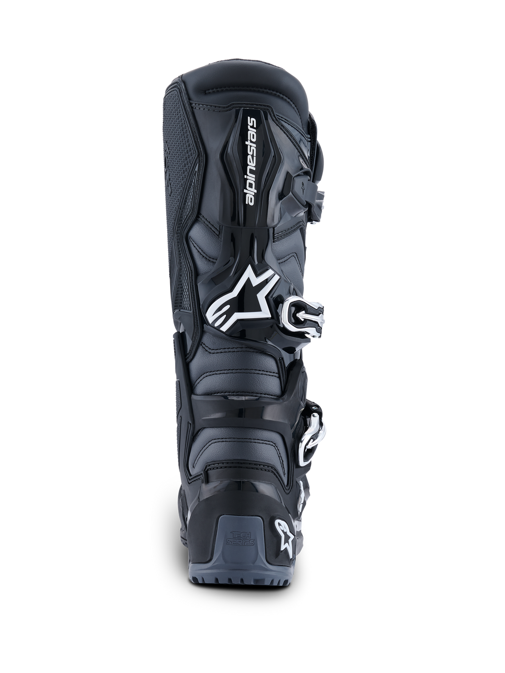 Alpinestars 2026 Tech 7 Enduro Stiefel, Rückansicht, Schwarz Anthrazit und Weiß, Offroad-Motorradstiefel mit weißem Astar-Logo, Schnallenverschlusssystem und TPU-Fersenschutz