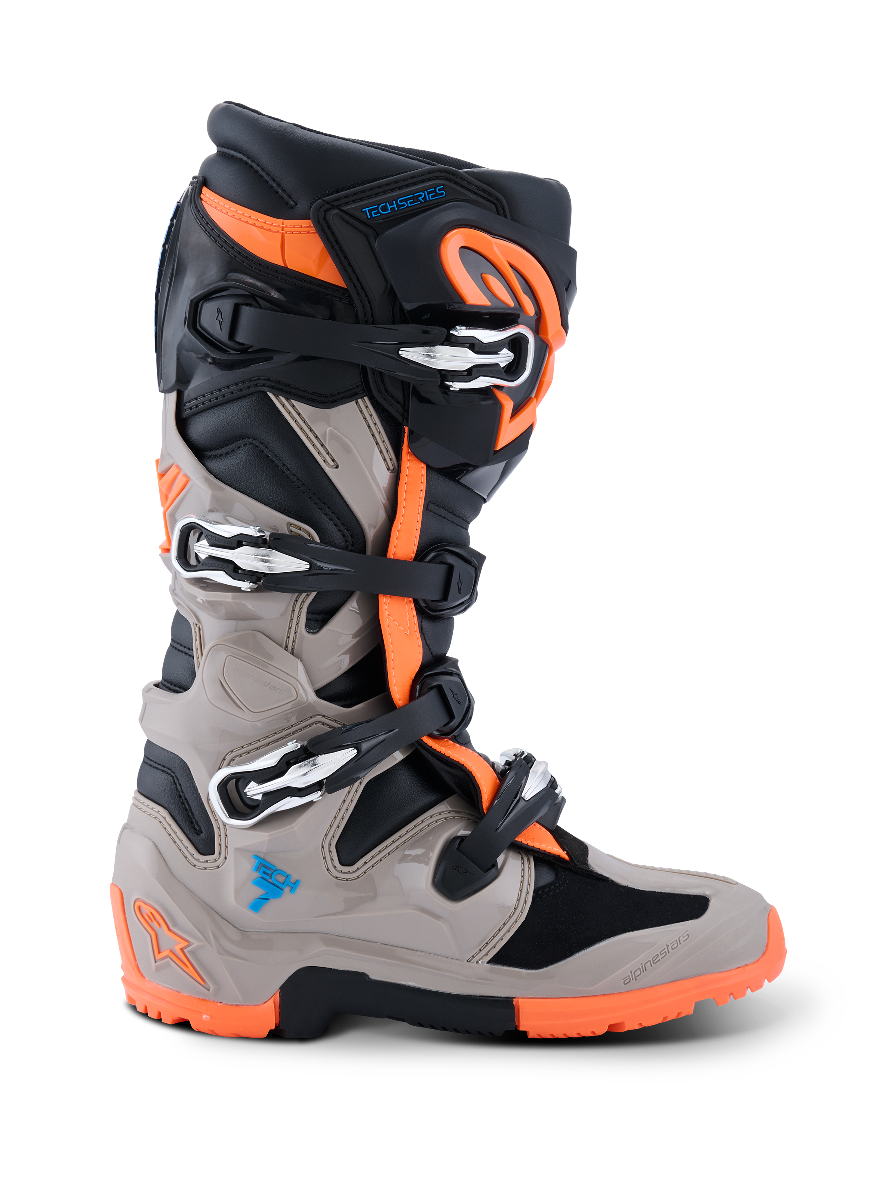 Alpinestars 2026 Tech 7 Enduro Boots, Motocross and Enduro Boots, Black Warm Gray and Orange Fluo, side profile view, featuring a four-buckle closure system, TPU protective panels, and a specialized dual-compound orange sole for off-road performance