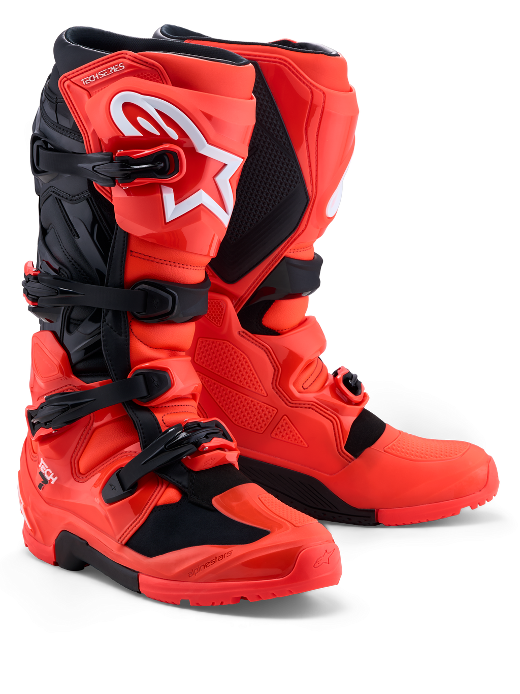 Alpinestars Tech 7 Enduro Stiefel, rote und schwarze Offroad-Motorradstiefel mit TPU-Schutz und sicherem Schnallensystem.