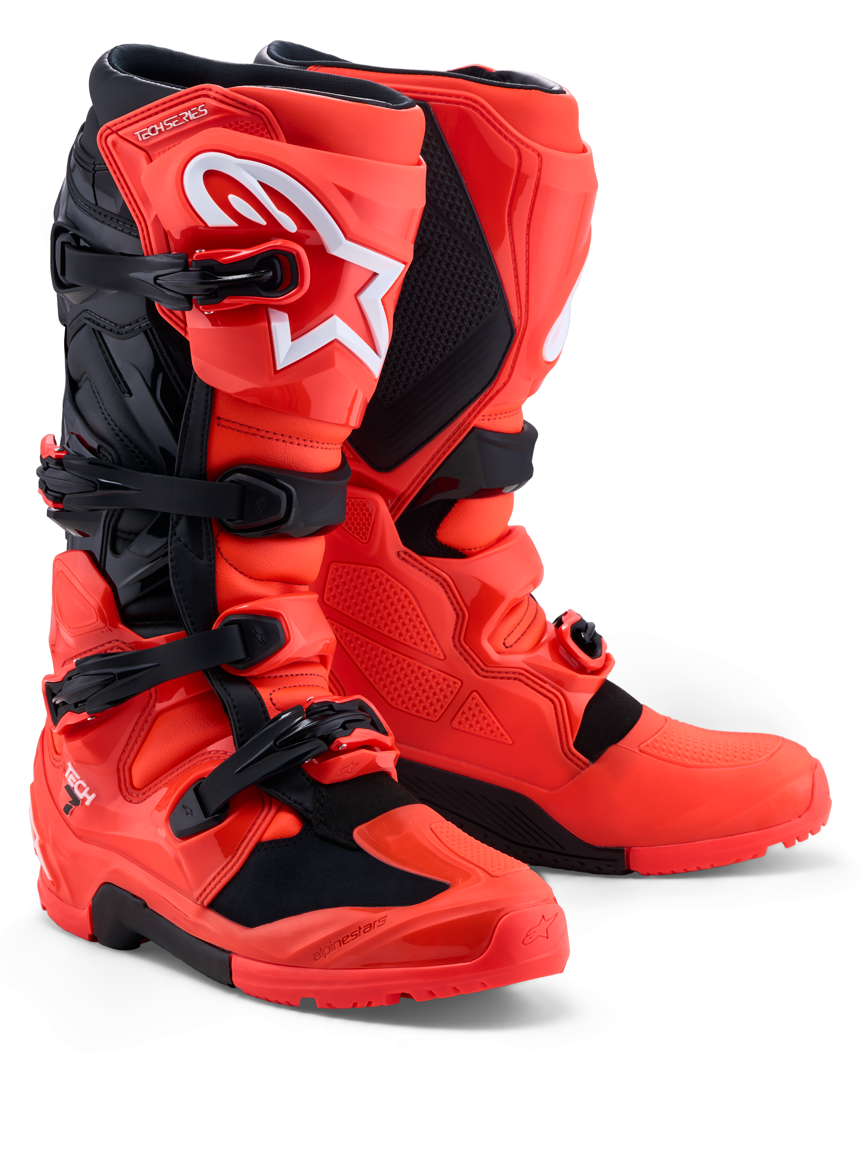 Alpinestars Tech 7 Enduro Stiefel, rote und schwarze Offroad-Motorradstiefel mit TPU-Schutz und sicherem Schnallensystem.