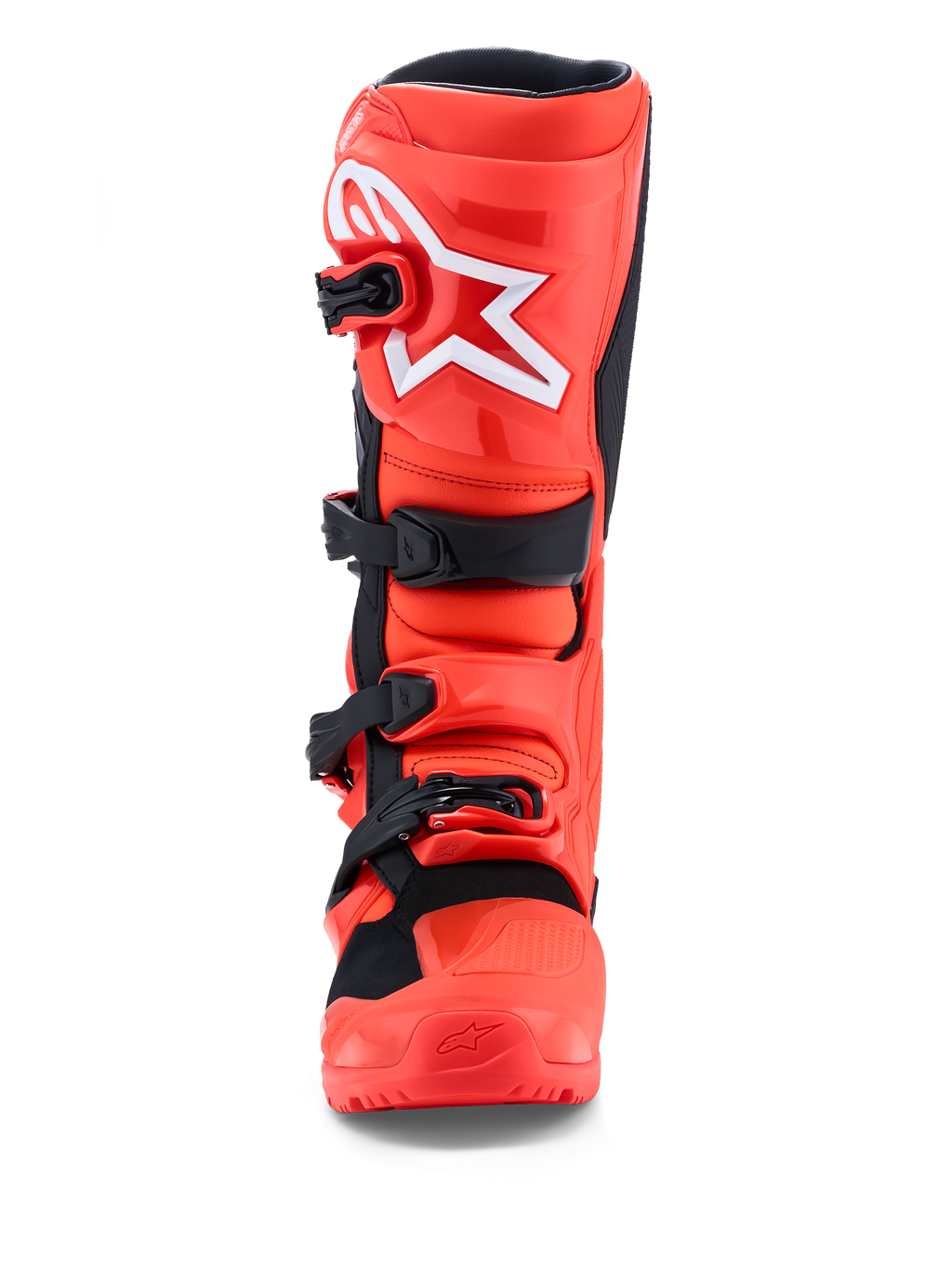 Alpinestars Tech 7 Enduro Stiefel in fluoreszierendem Rot und Schwarz, CE-zertifizierter TPU-Schutz, Vorderansicht.