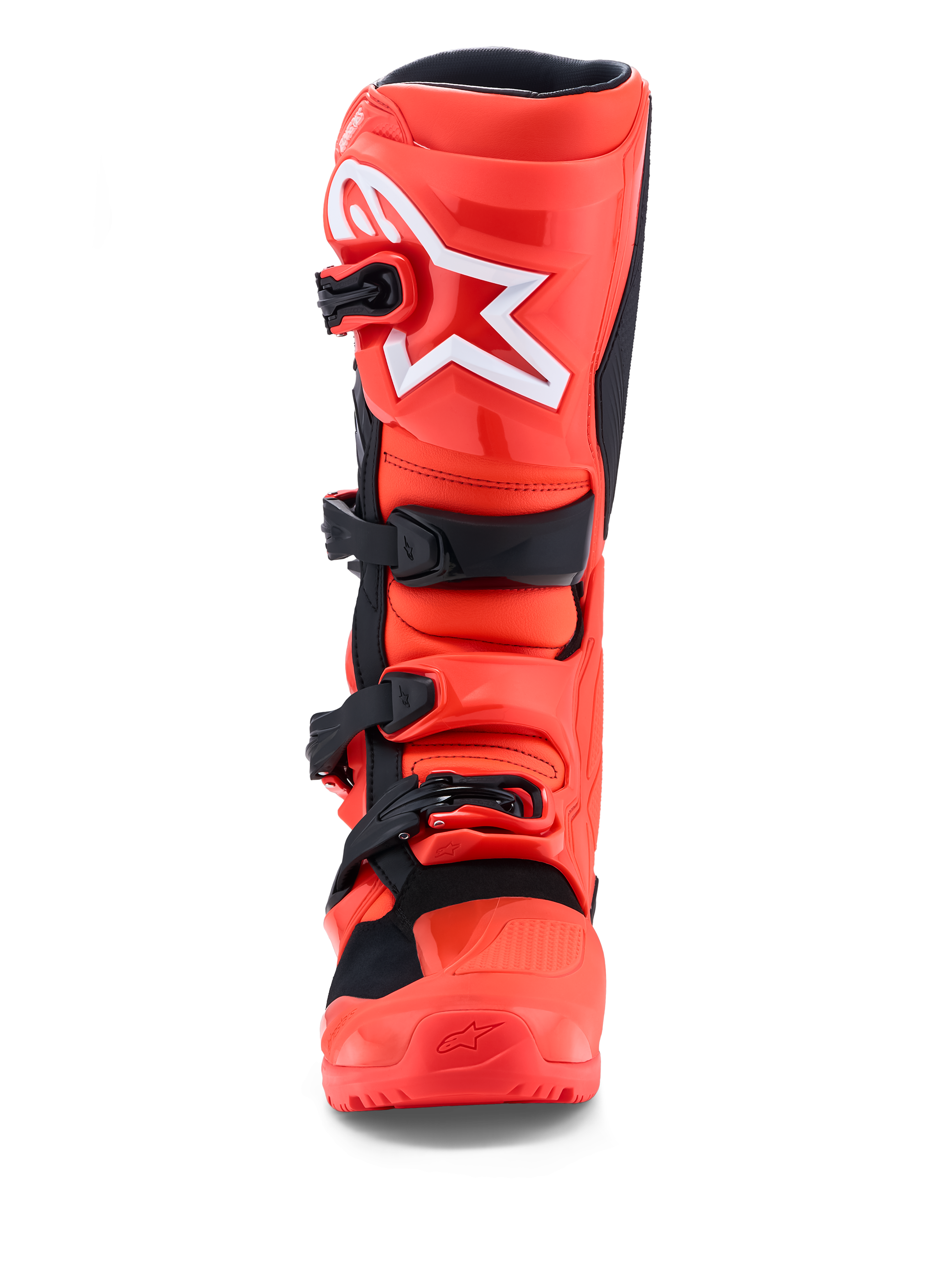 Alpinestars Tech 7 Enduro Stiefel in fluoreszierendem Rot und Schwarz, CE-zertifizierter TPU-Schutz, Vorderansicht.