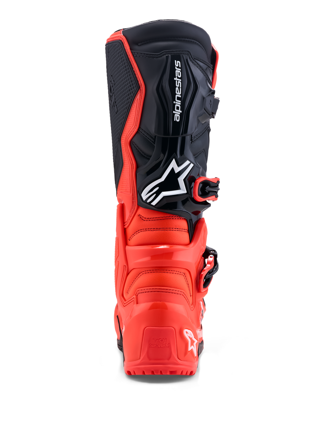 Alpinestars Tech 7 Enduro Stiefel, Motorradstiefel in Rot und Schwarz, mit TPU-Verstärkung für Offroad-Einsätze, Rückansicht.