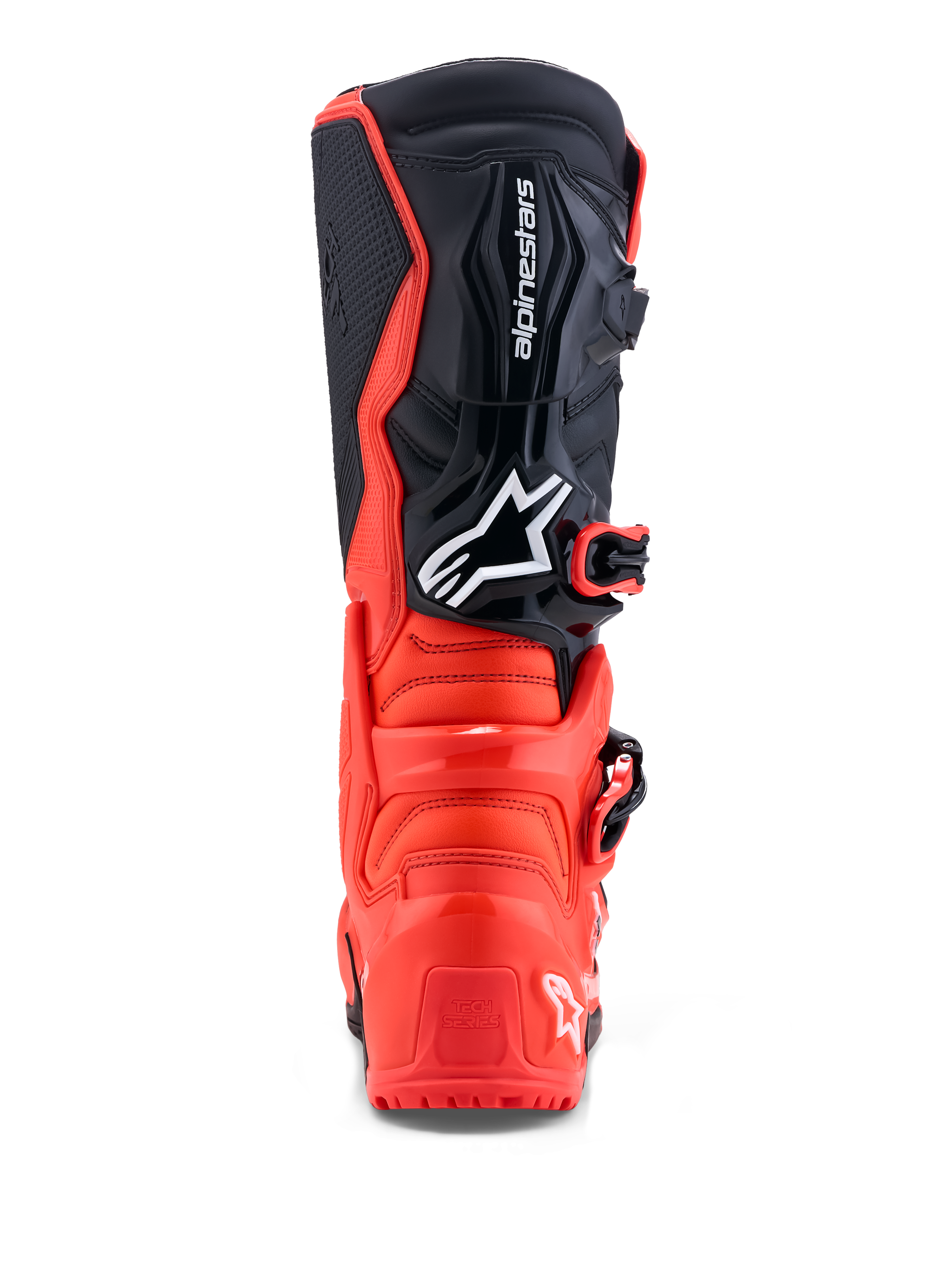 Alpinestars Tech 7 Enduro Stiefel, Motorradstiefel in Rot und Schwarz, mit TPU-Verstärkung für Offroad-Einsätze, Rückansicht.