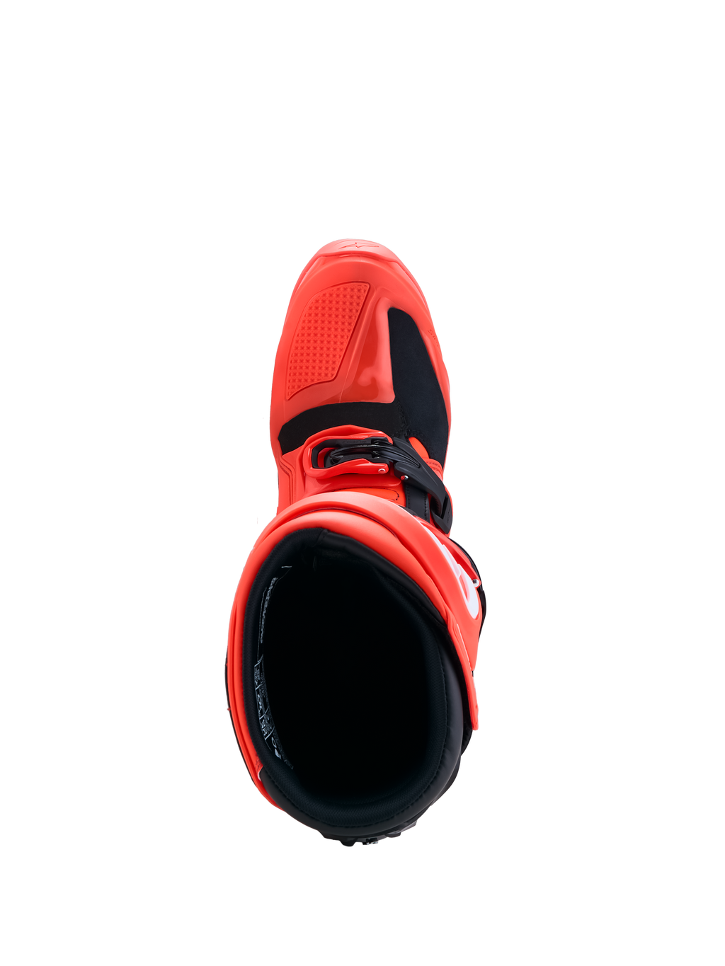 Alpinestars Tech 7 Enduro Stiefel, Rot und Schwarz, Draufsicht auf das strapazierfähige TPU-Chassis und das Innenfutter.