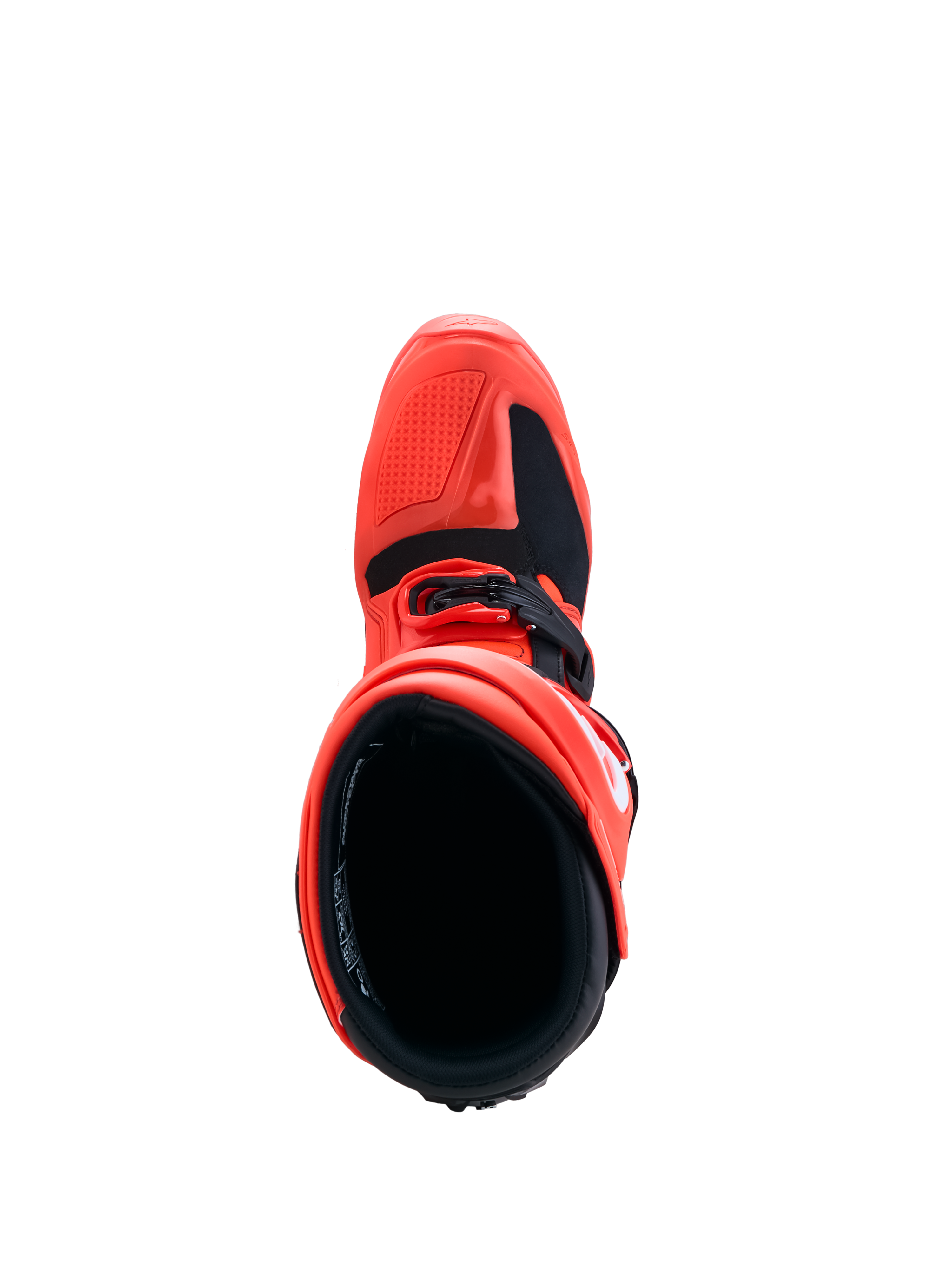 Alpinestars Tech 7 Enduro Stiefel, Rot und Schwarz, Draufsicht auf das strapazierfähige TPU-Chassis und das Innenfutter.